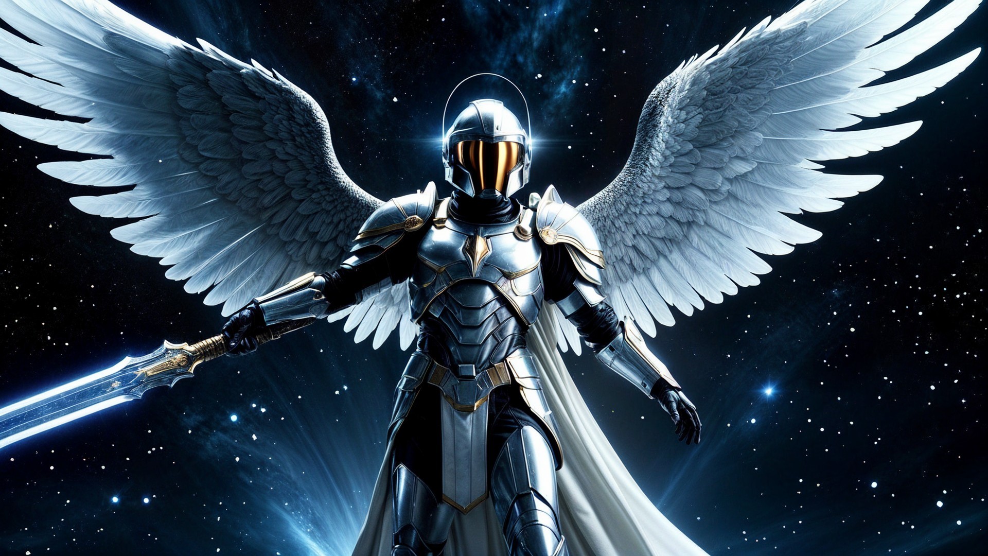 Majestic Warrior in Silver Armor with Ethereal Wings