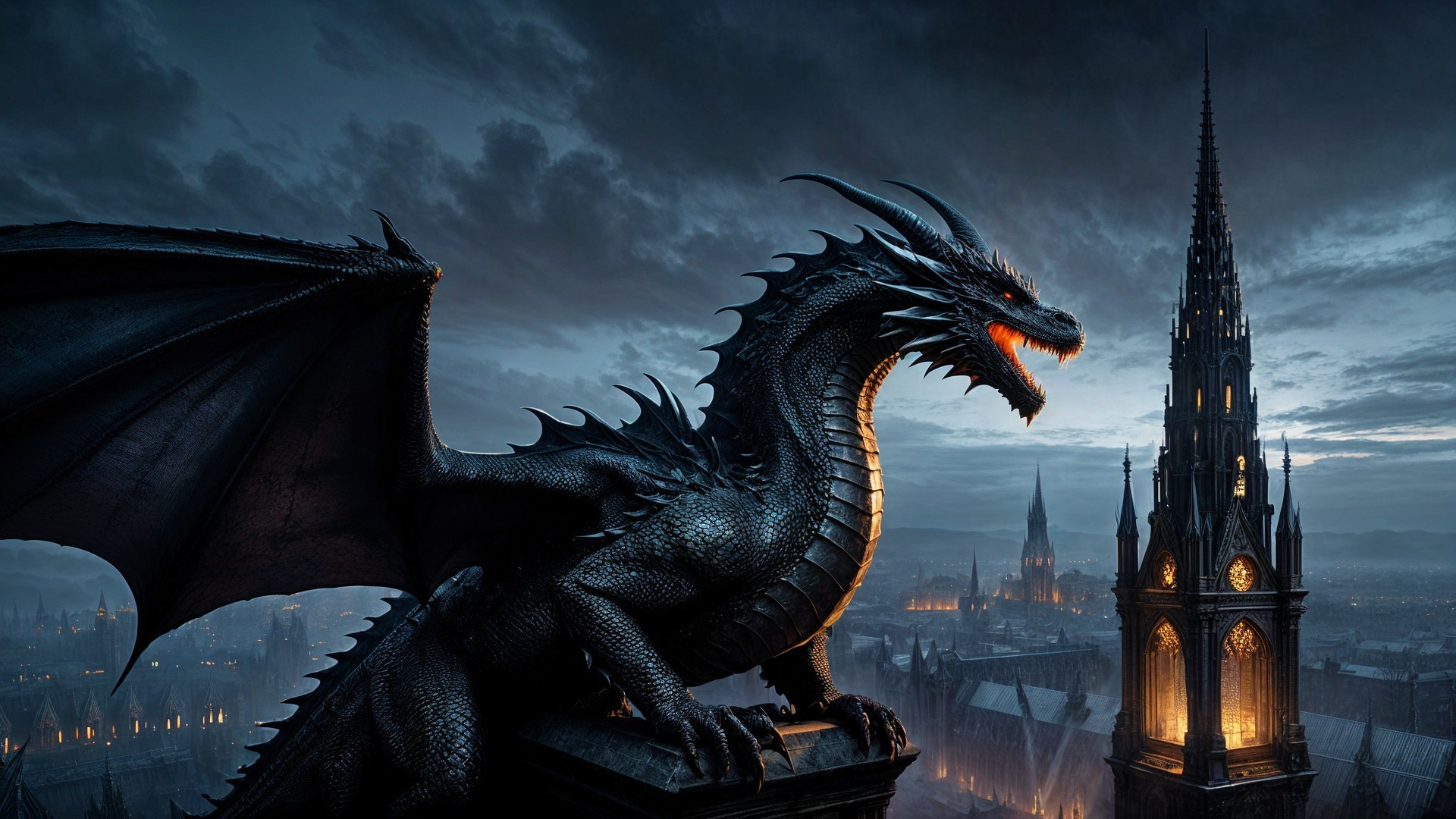 Black Dragon Over Gothic Cityscape at Dusk