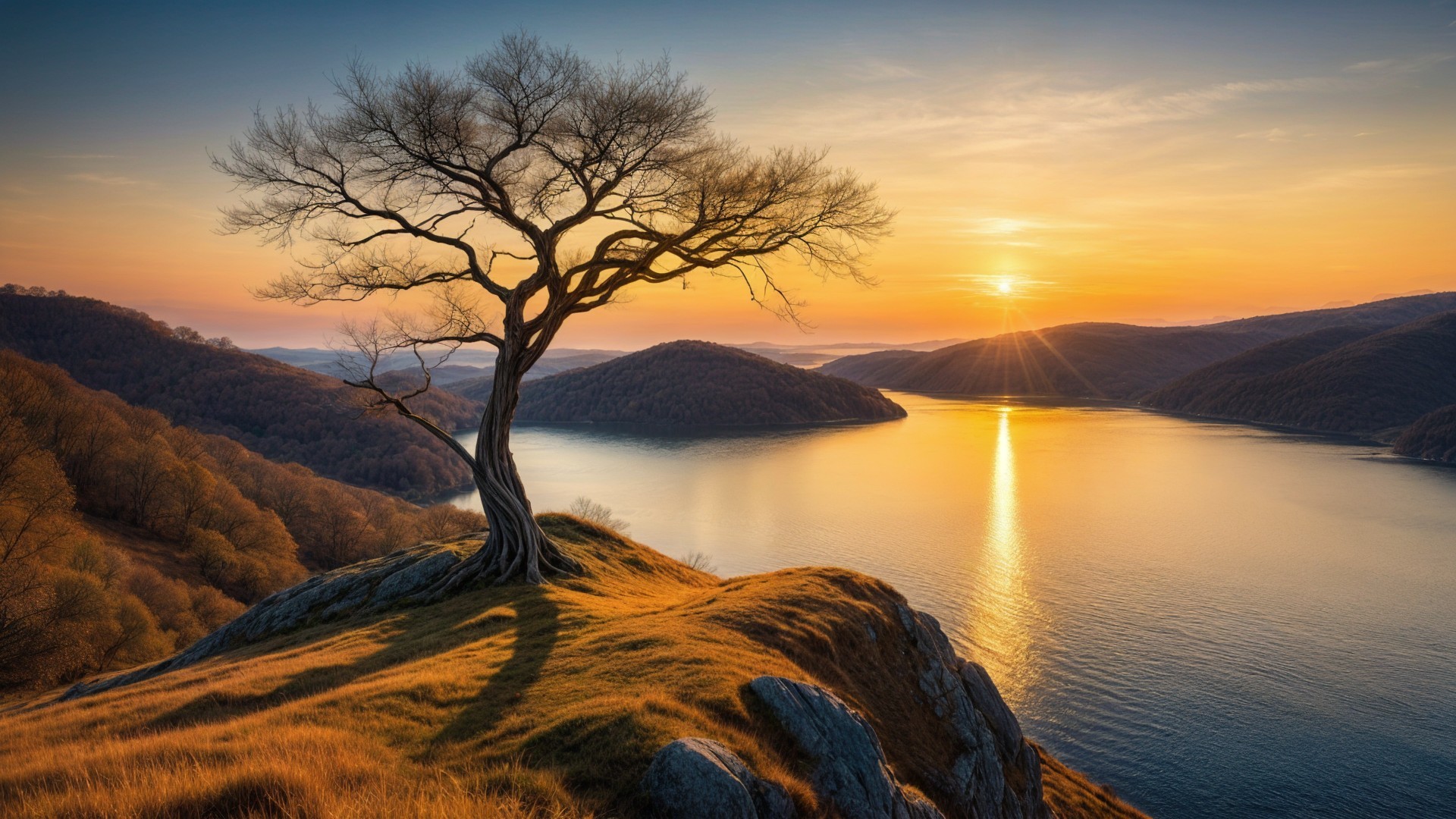 Solitary Tree Overlooking Serene Lake at Sunset