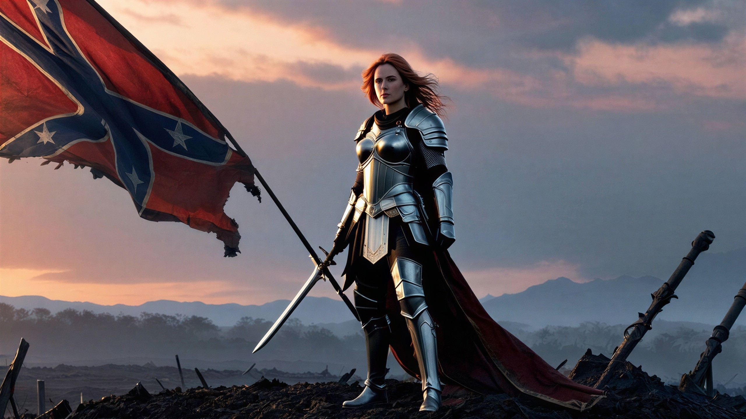 Warrior Woman in Armor with Red Cloak and Sword