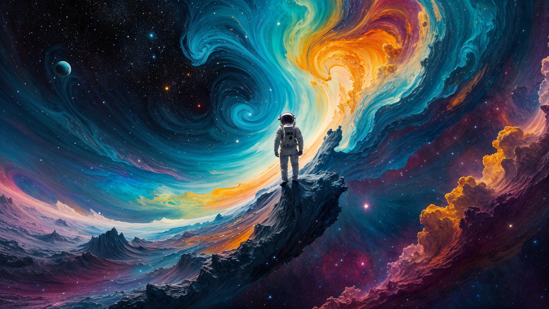 Astronaut on Cliff Overlooking Colorful Cosmic Scene