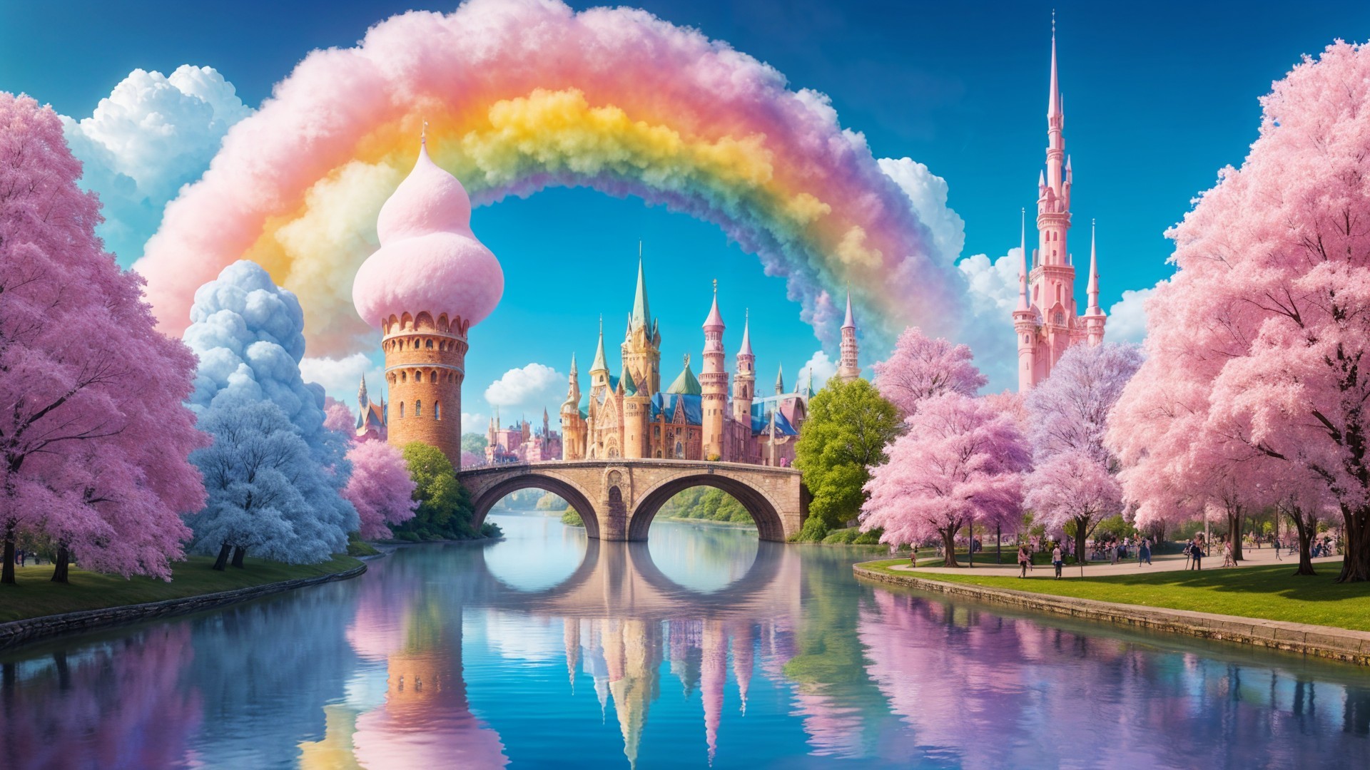 Whimsical Landscape with Rainbow and Fairytale Castle