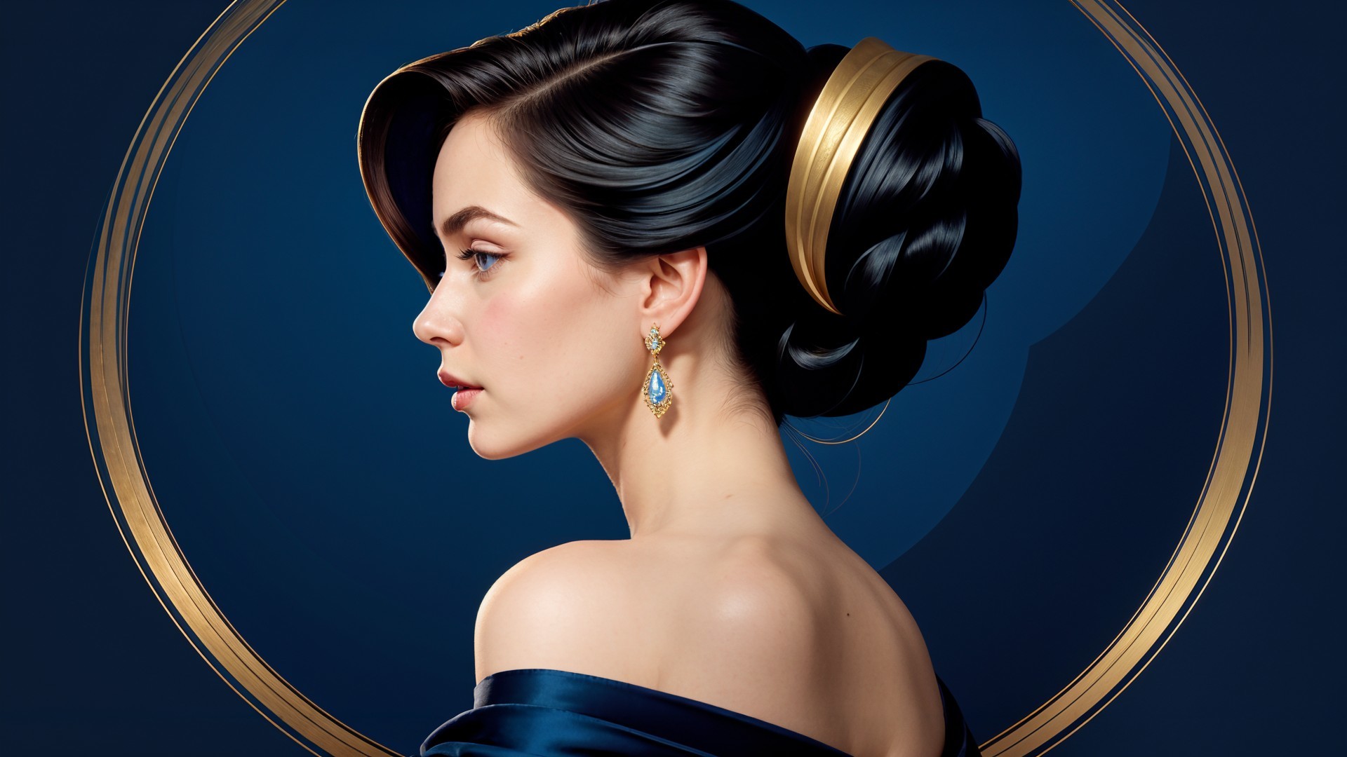 Elegant Woman in Blue Gown with Golden Accents