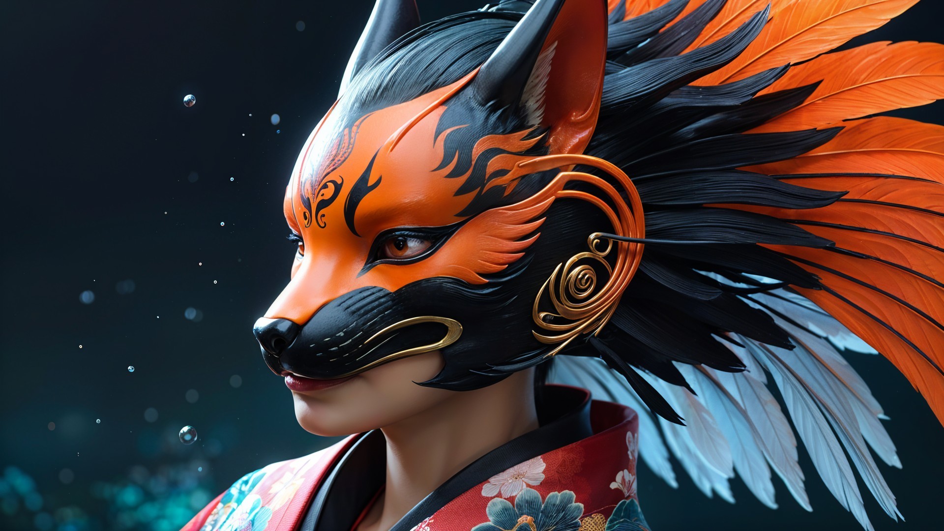 Character in Orange Fox Mask with Kimono and Feathers