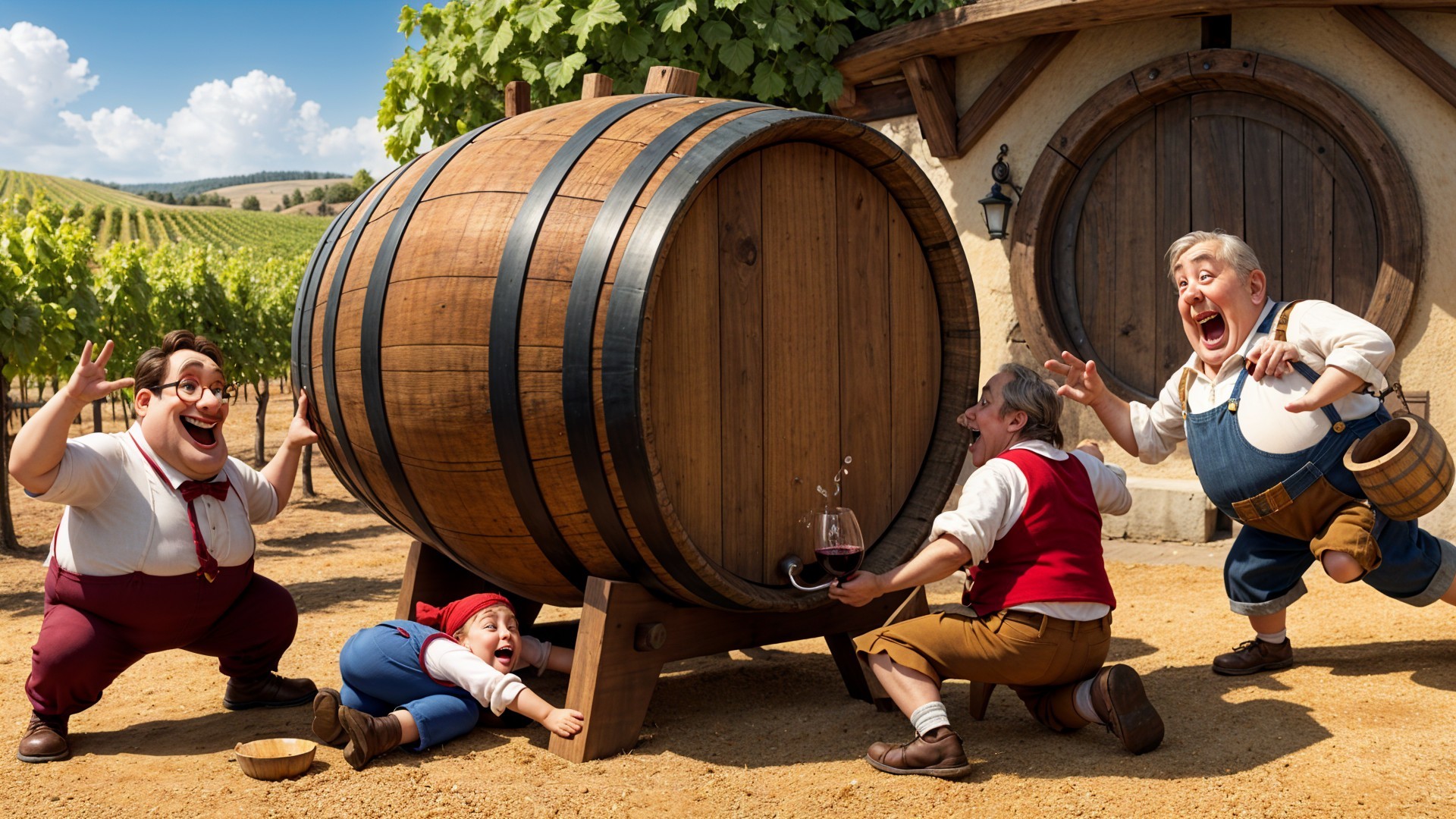 Cartoon Characters Play in Vineyard with Wine Barrel