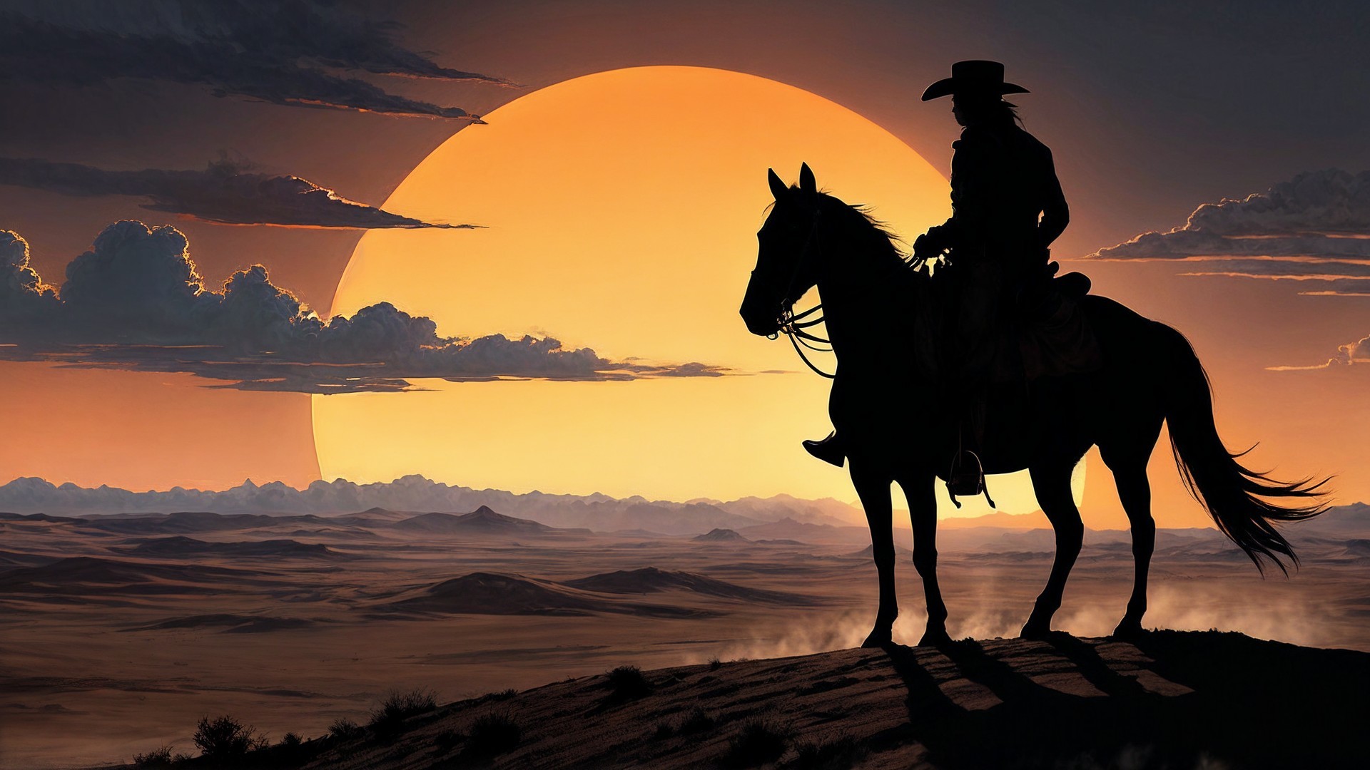 Cowboy on Horse Against Sunset in Desert Landscape