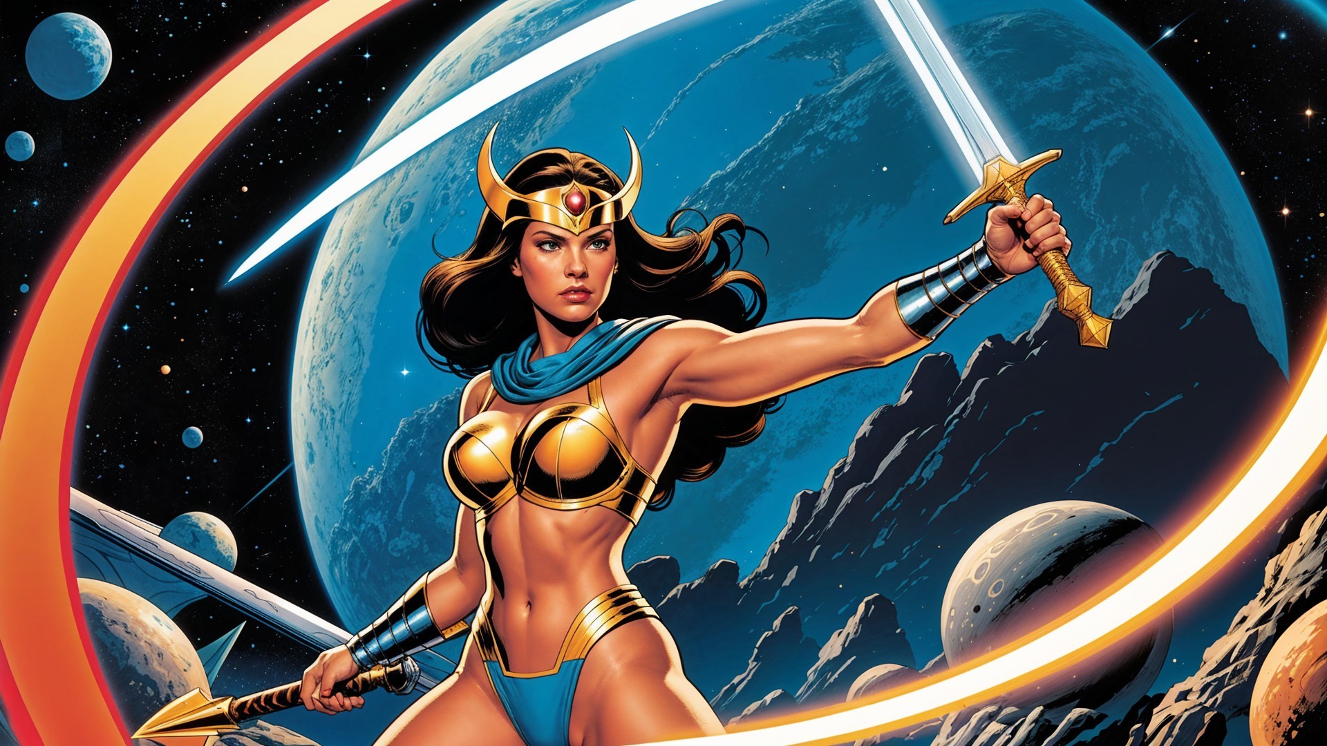 Fierce Warrior in Cosmic Landscape with Swords