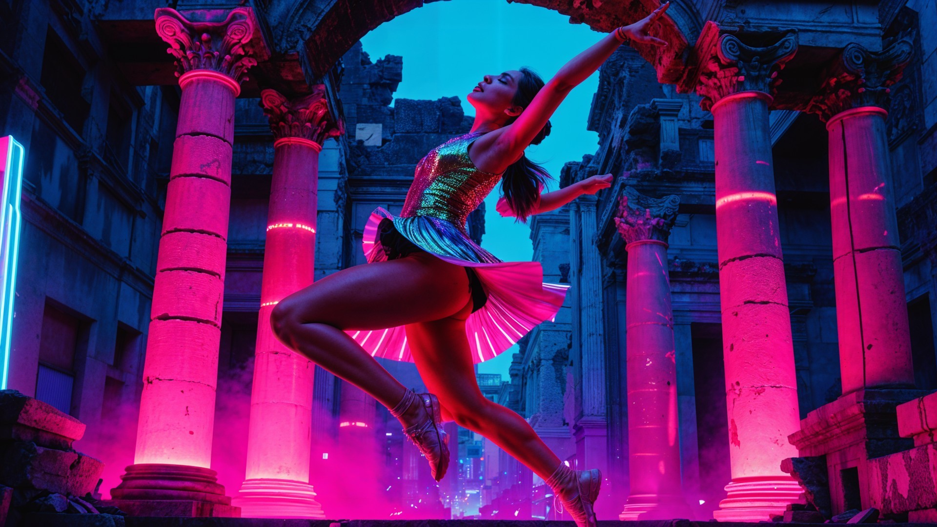 Dancer in Colorful Outfit Amidst Ancient Ruins