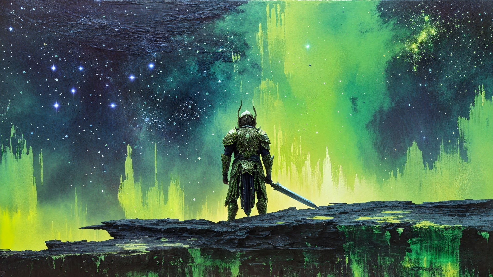 Solitary Warrior in Ornate Armor Against Cosmic Landscape