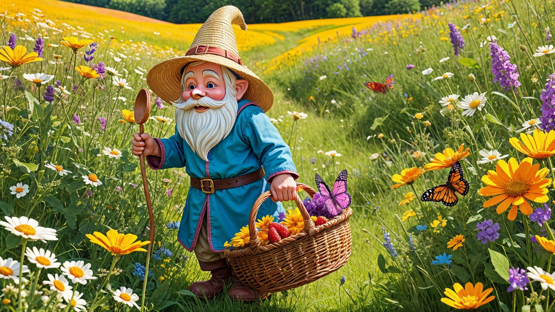 Cheerful gnome in vibrant meadow with wildflowers