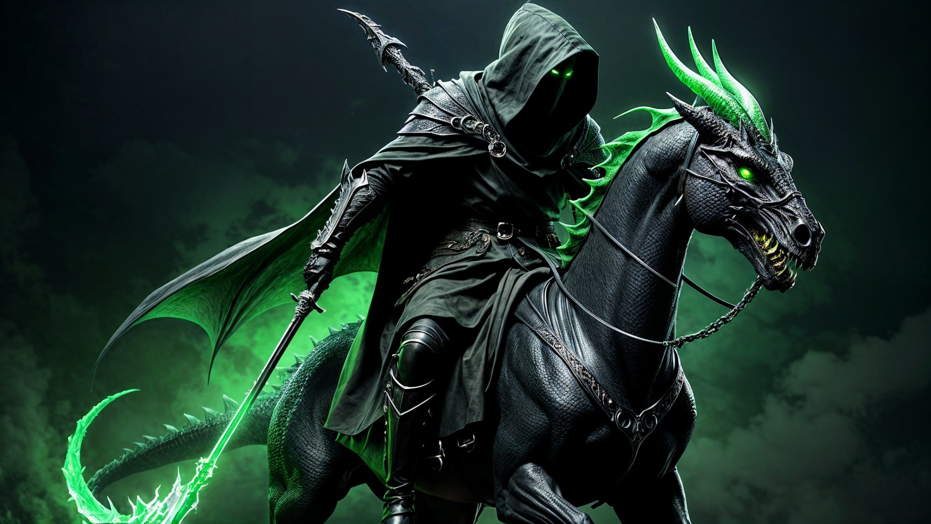 Hooded Figure on Black Horse with Dragon Wings