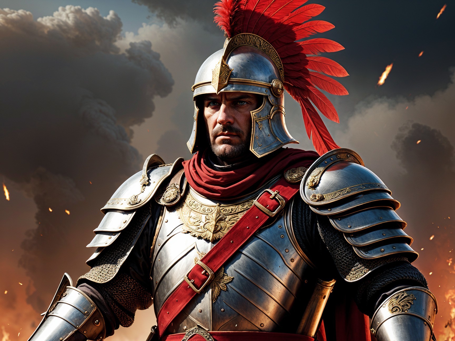 Roman Soldier in Ornate Armor on Battlefield