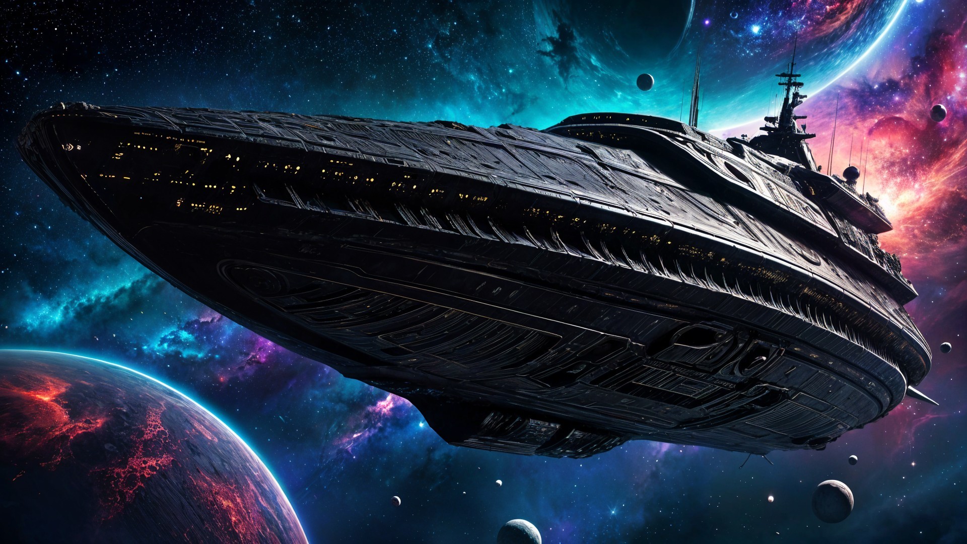 Majestic Spaceship in Vibrant Outer Space Scene