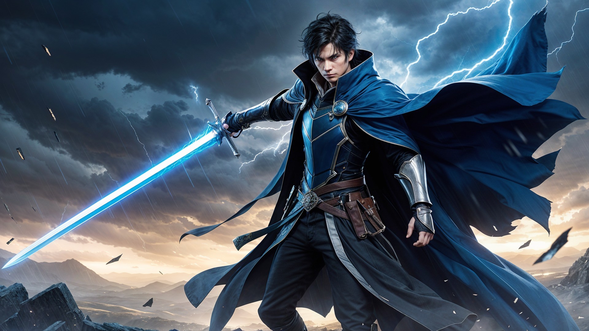 Heroic Figure with Glowing Sword Against Dramatic Sky