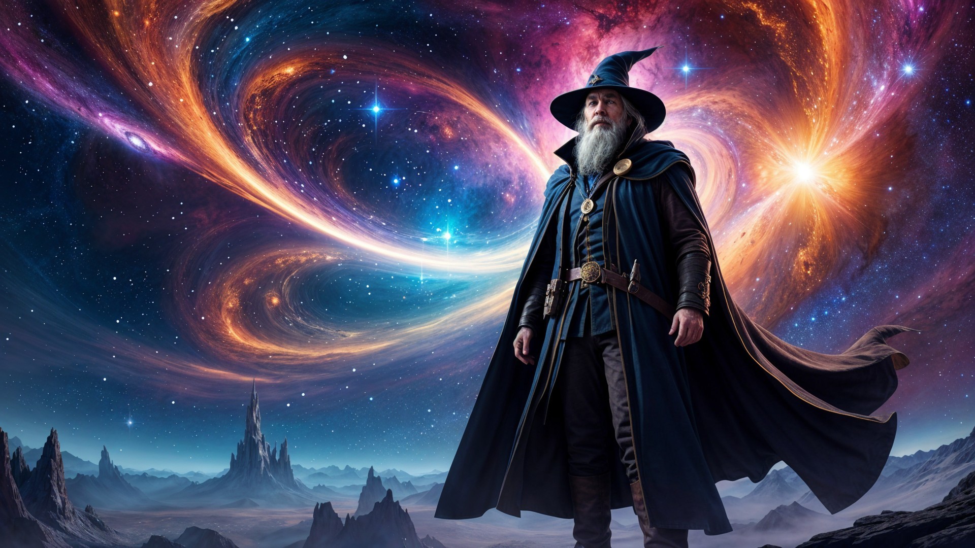 Wizard in Cosmic Landscape with Galaxies and Castle