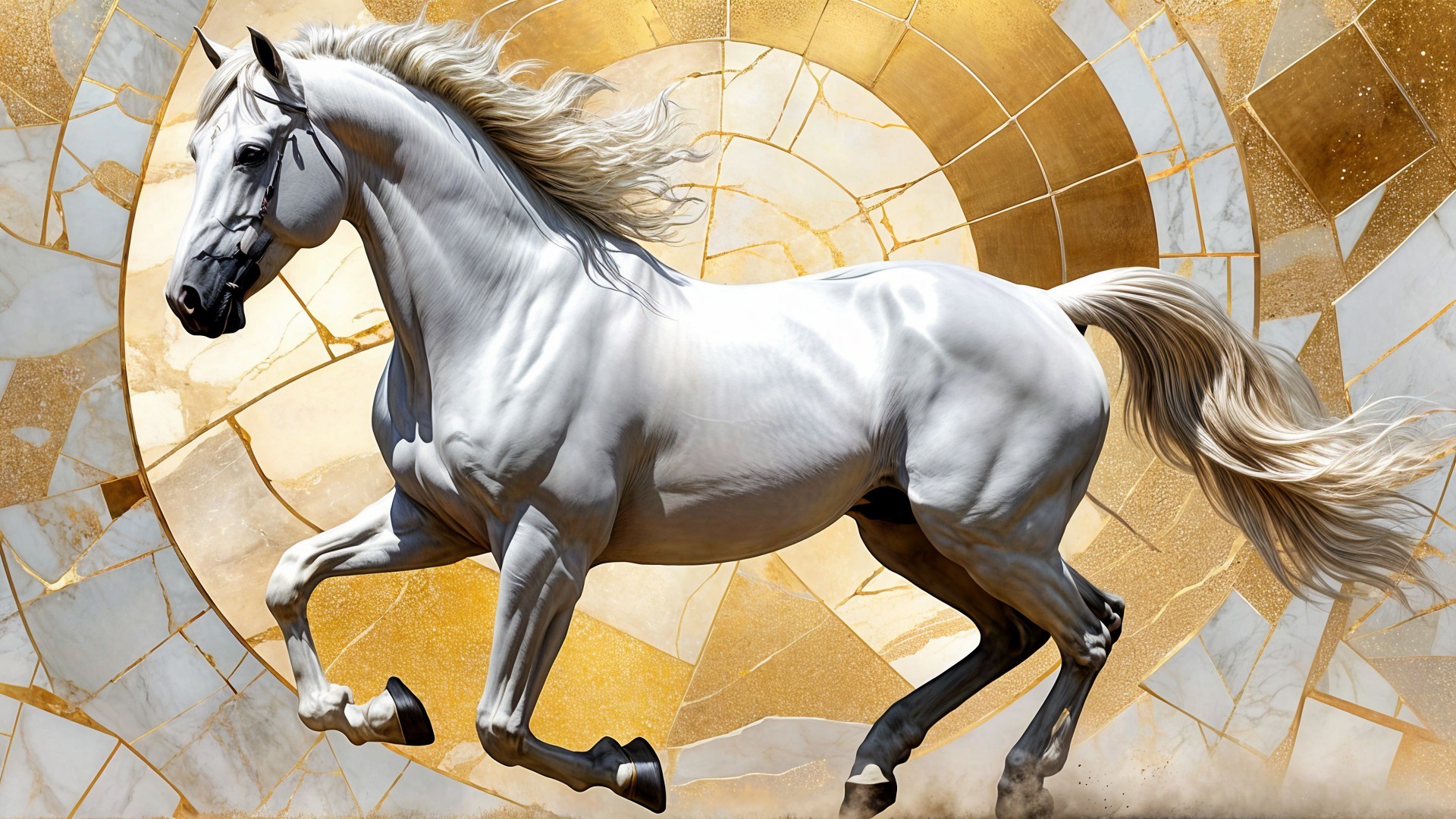White Horse Galloping with Golden Geometric Patterns