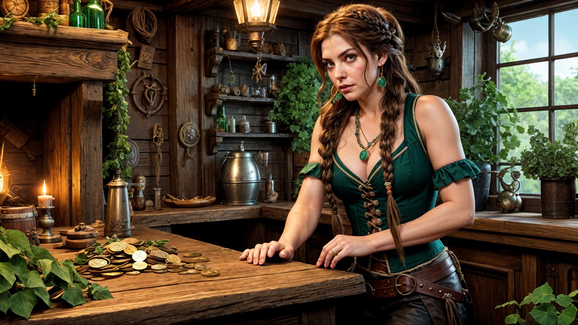 Confident Woman in Rustic Tavern with Vintage Decor