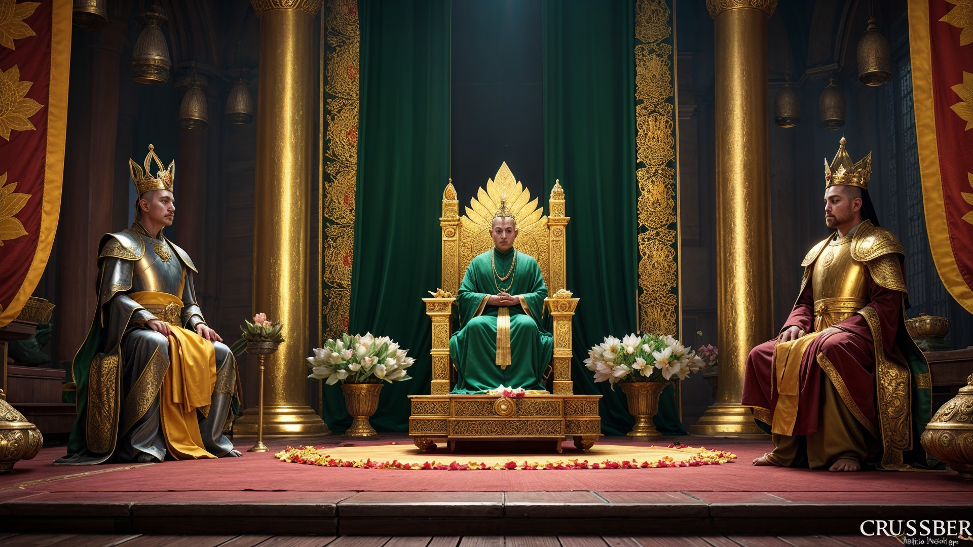 Regal Figure on Ornate Throne in Grand Royal Setting
