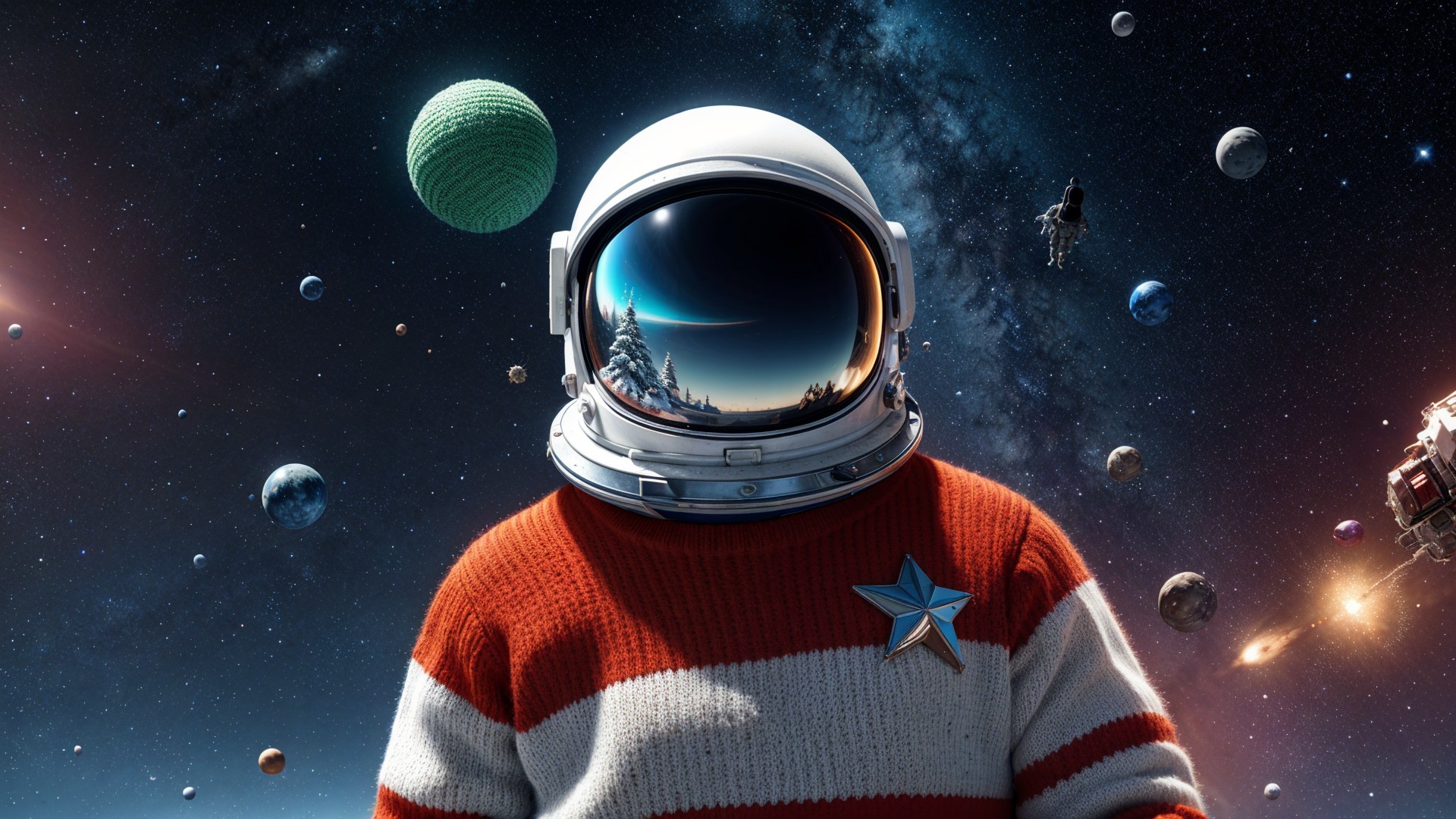 Astronaut in Striped Sweater Amidst Cosmic Scene