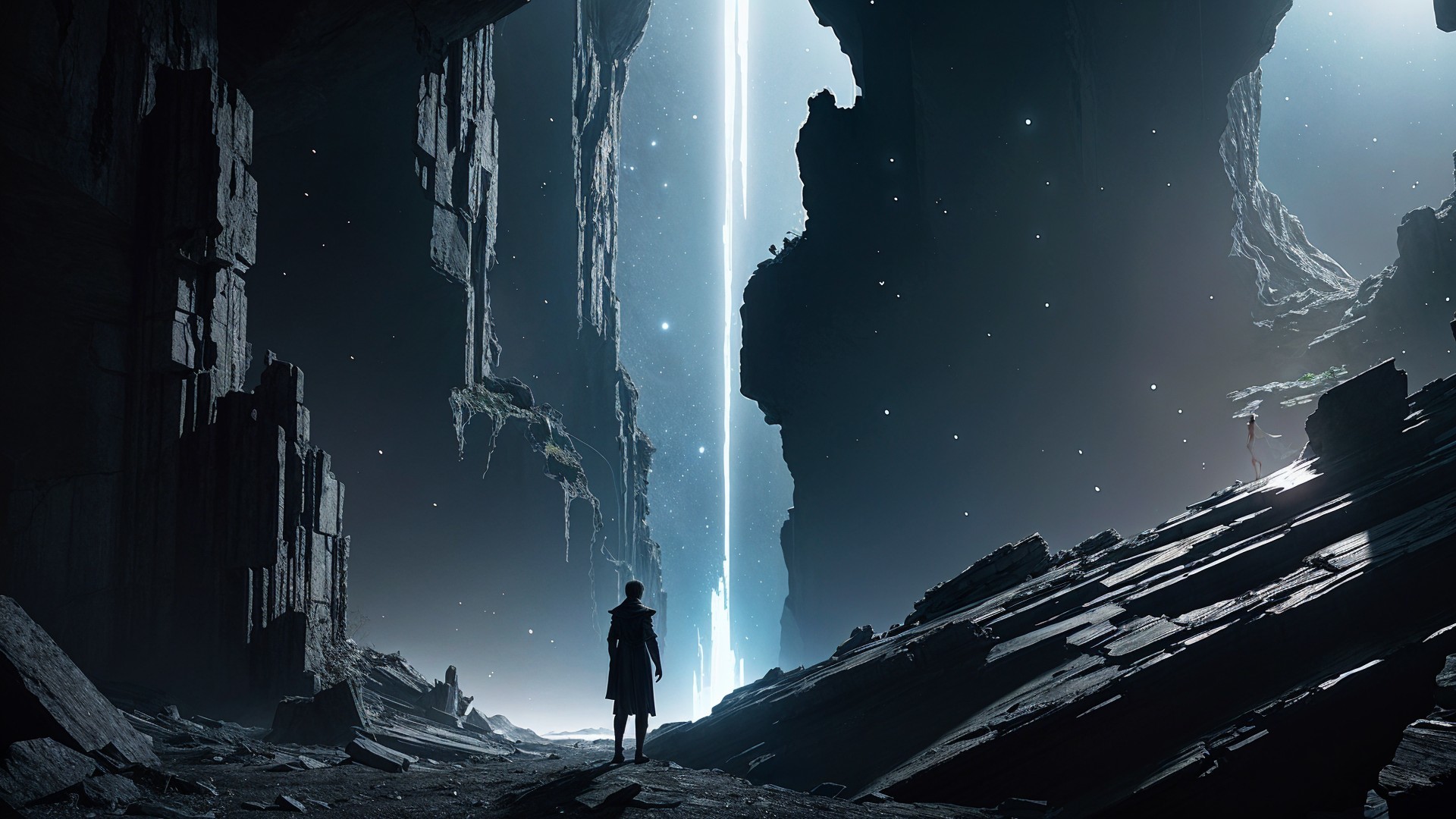Lone figure at rocky chasm under cosmic light