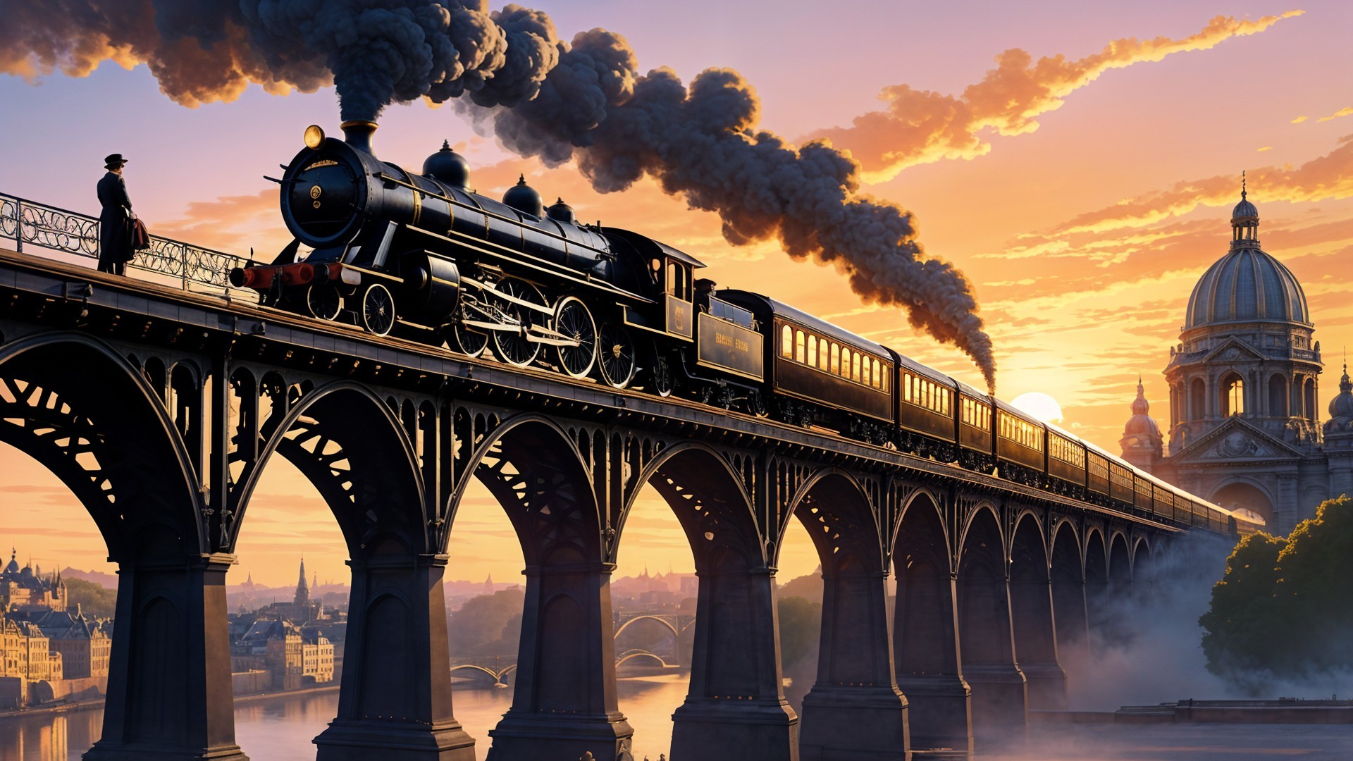 Steam Locomotive on Bridge at Sunset with Reflections