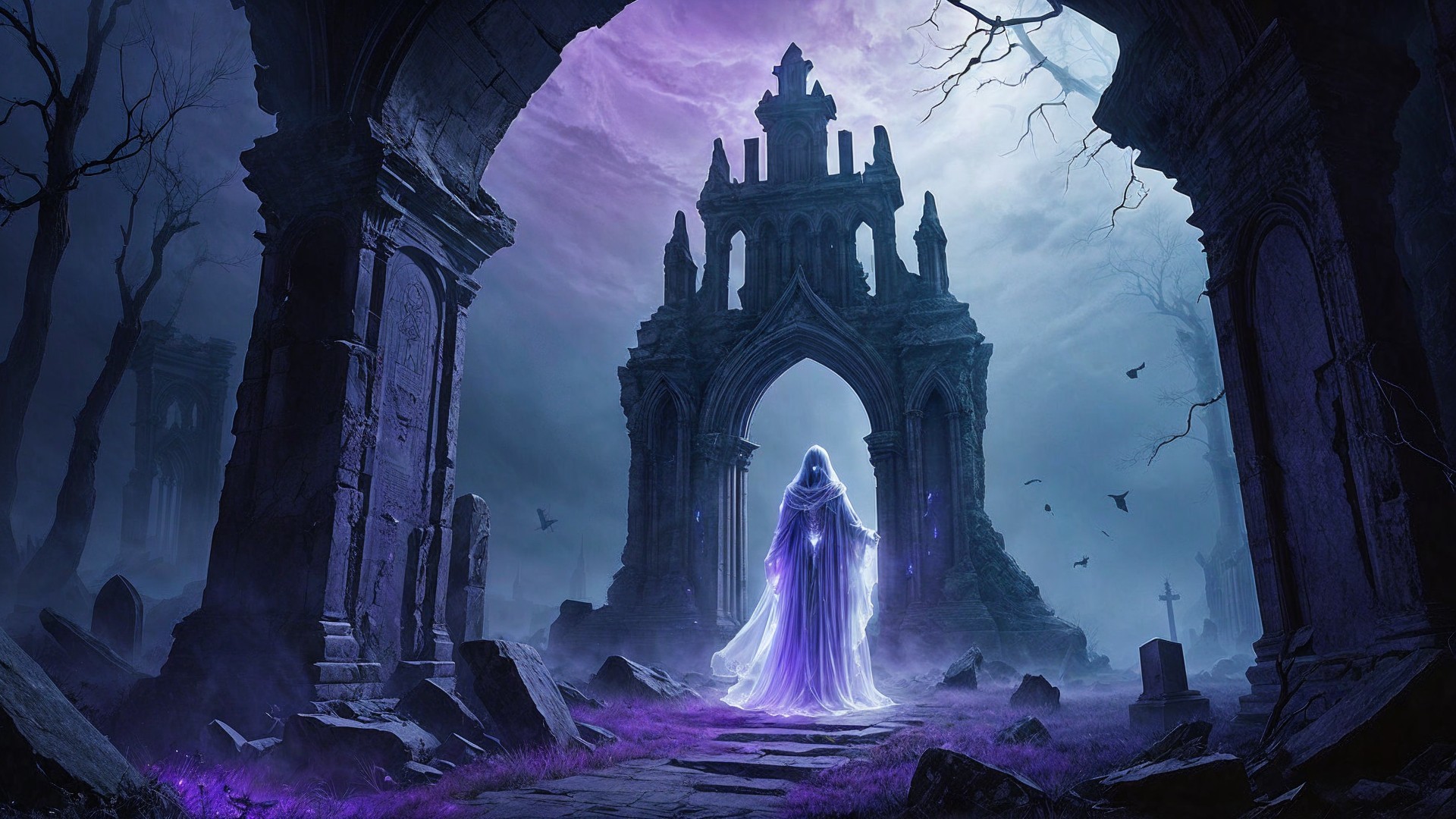 Mysterious Figure at Gothic Archway in Eerie Landscape
