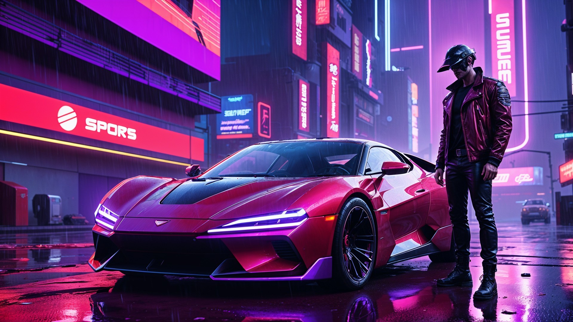 Futuristic Sports Car in Neon-Lit Cityscape