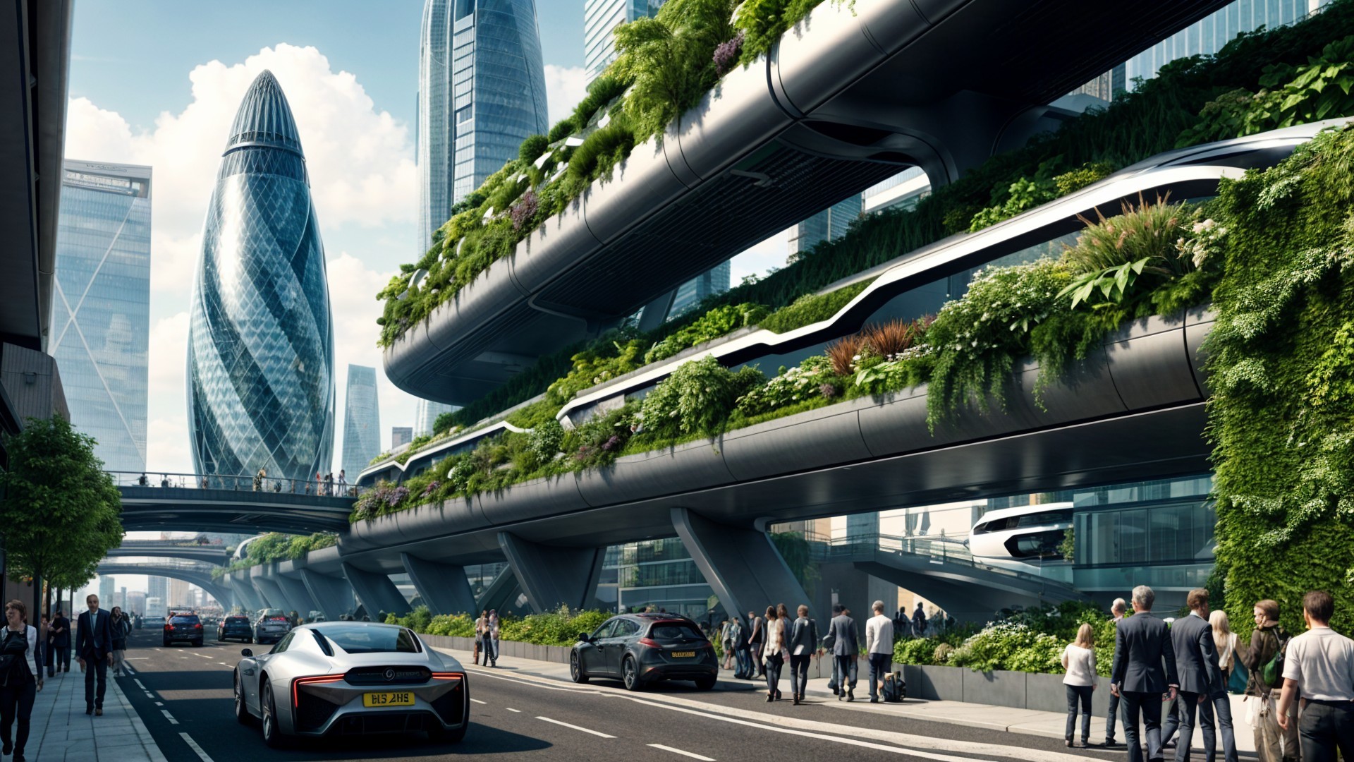 Futuristic Urban Scene with Modern Architecture and Transit