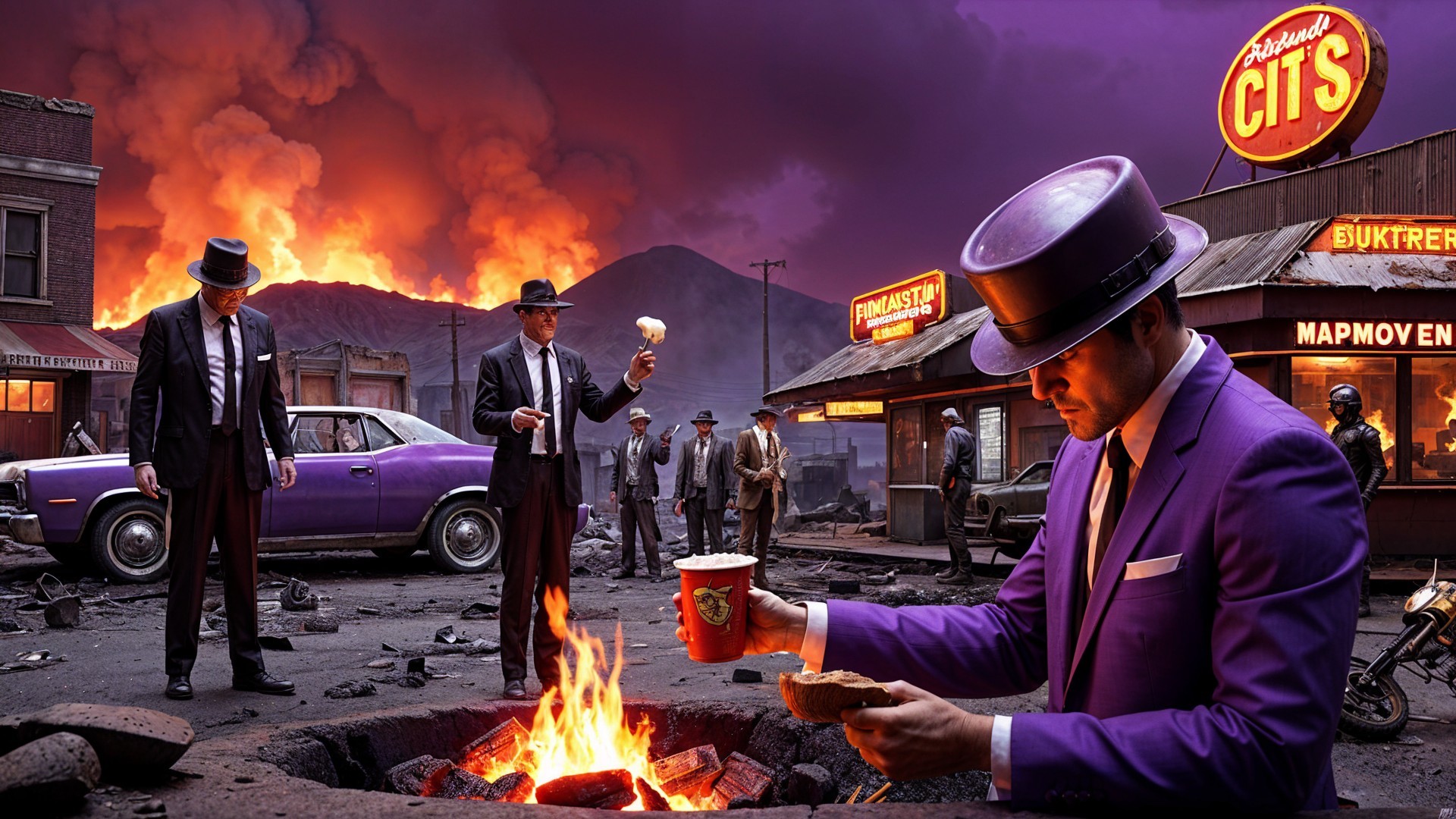 Surreal Landscape with Man in Purple Suit and Fire