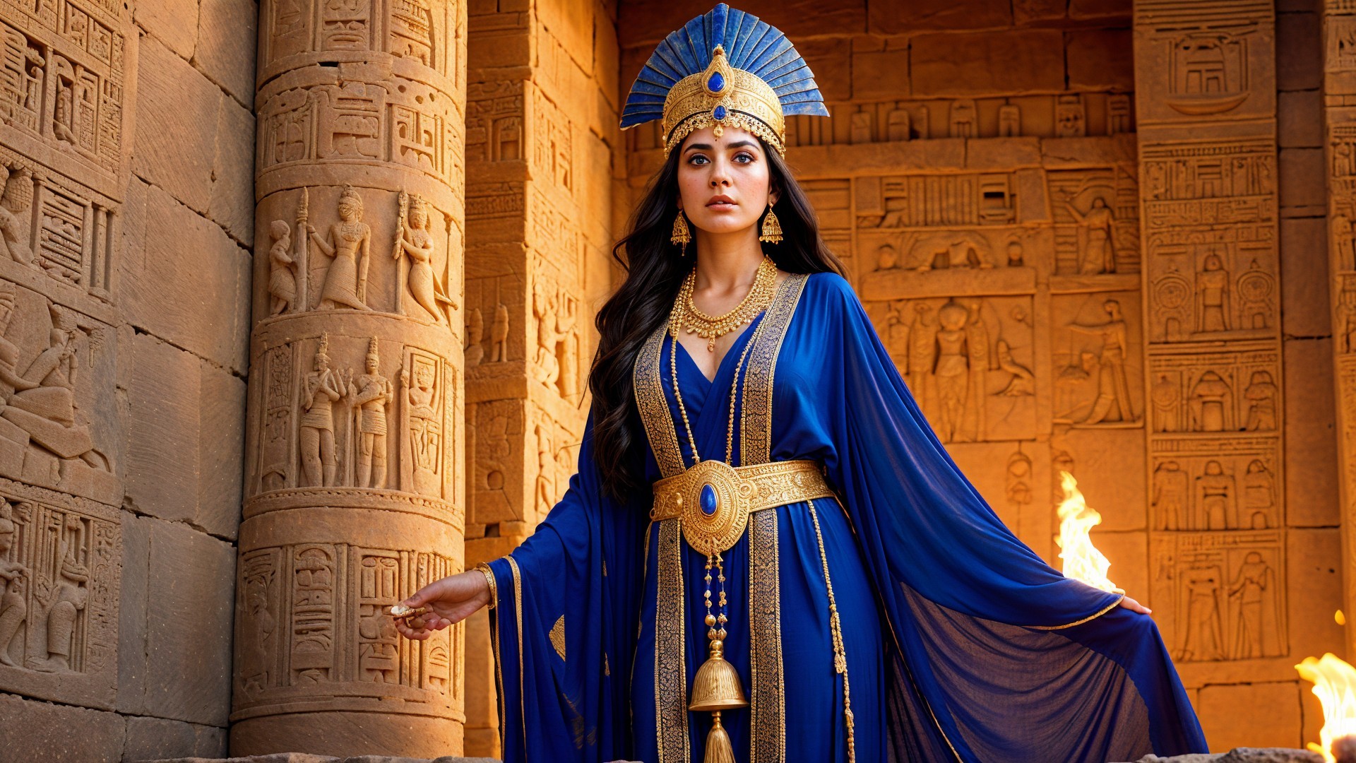 Woman in Blue Gown with Ancient Egyptian Backdrop