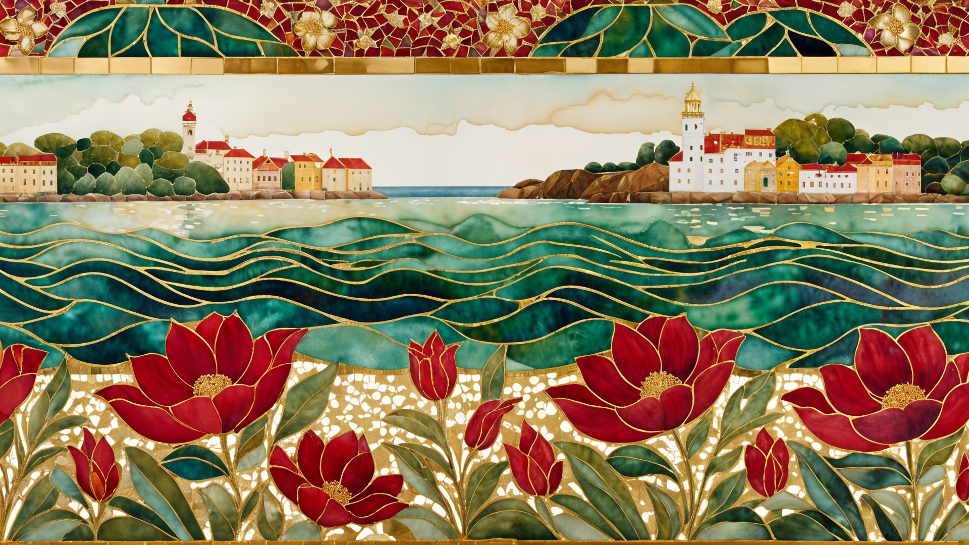 Vibrant Stained-Glass Coastal Scene with Flowers