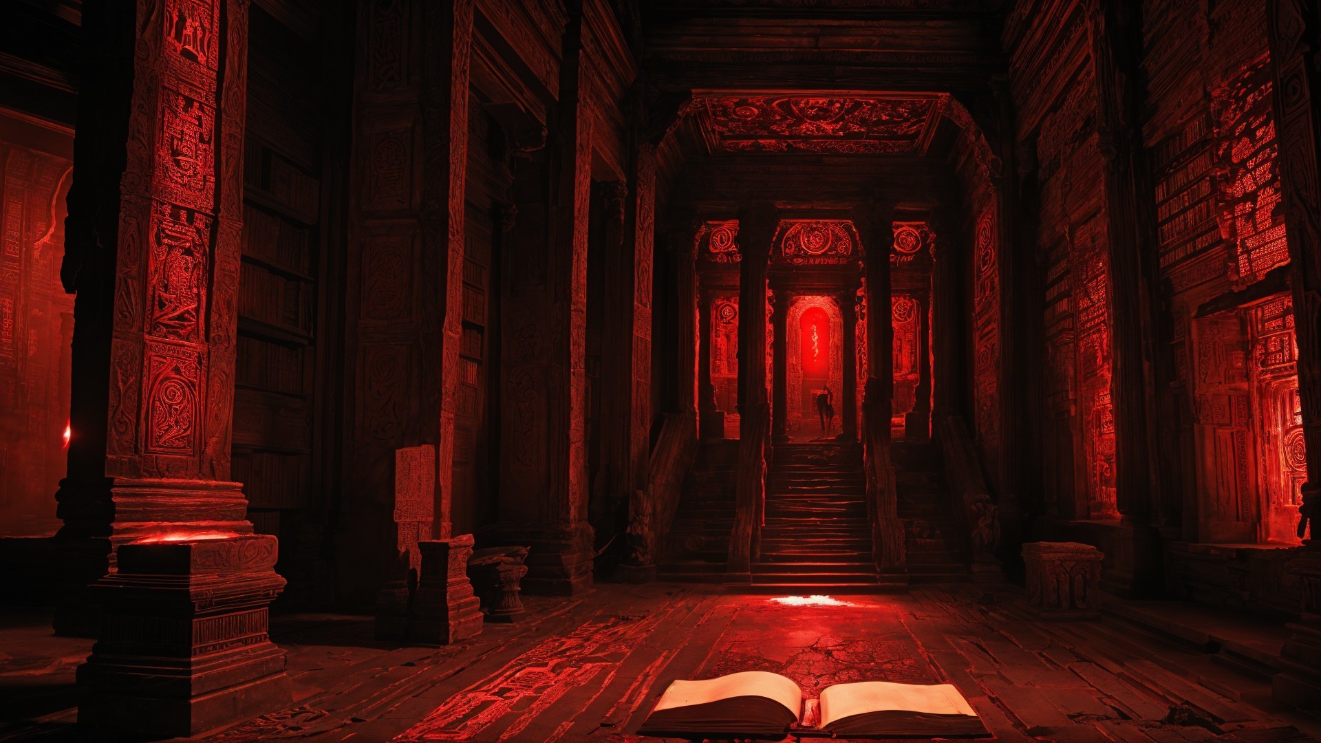 Ancient Temple Interior with Intricate Carvings and Glow