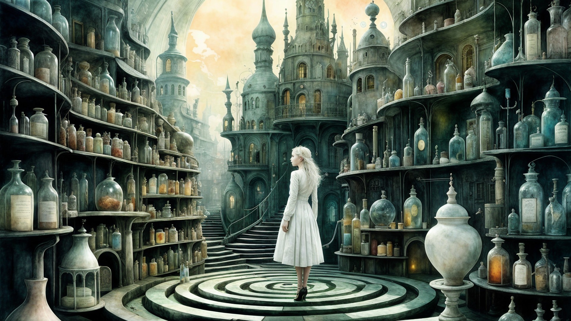 Fantastical Library with Glass Bottles and Elixirs
