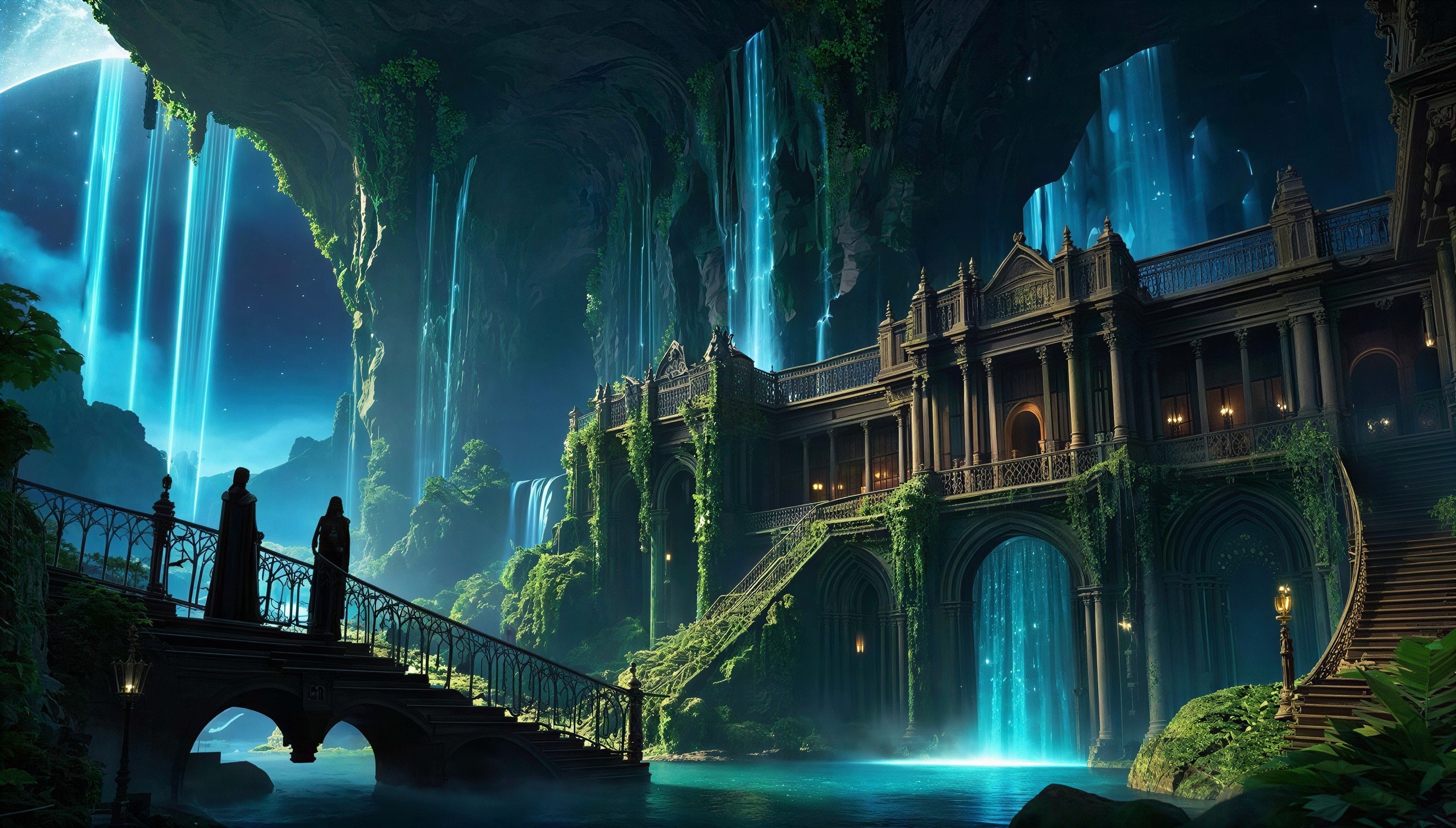 Silhouetted Figures on a Bridge Over Blue Waterfall