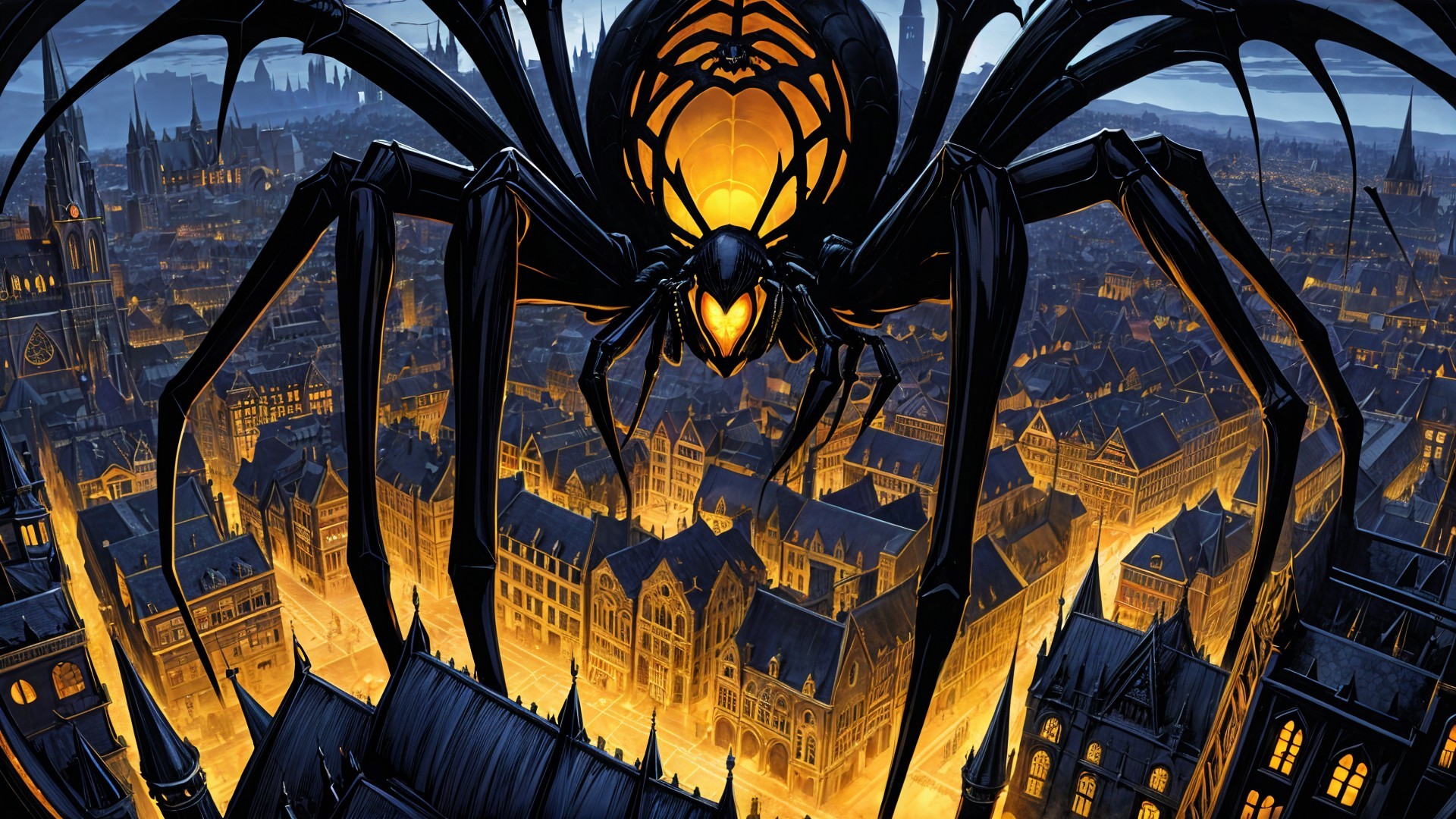 Black Spider Over Medieval City at Twilight