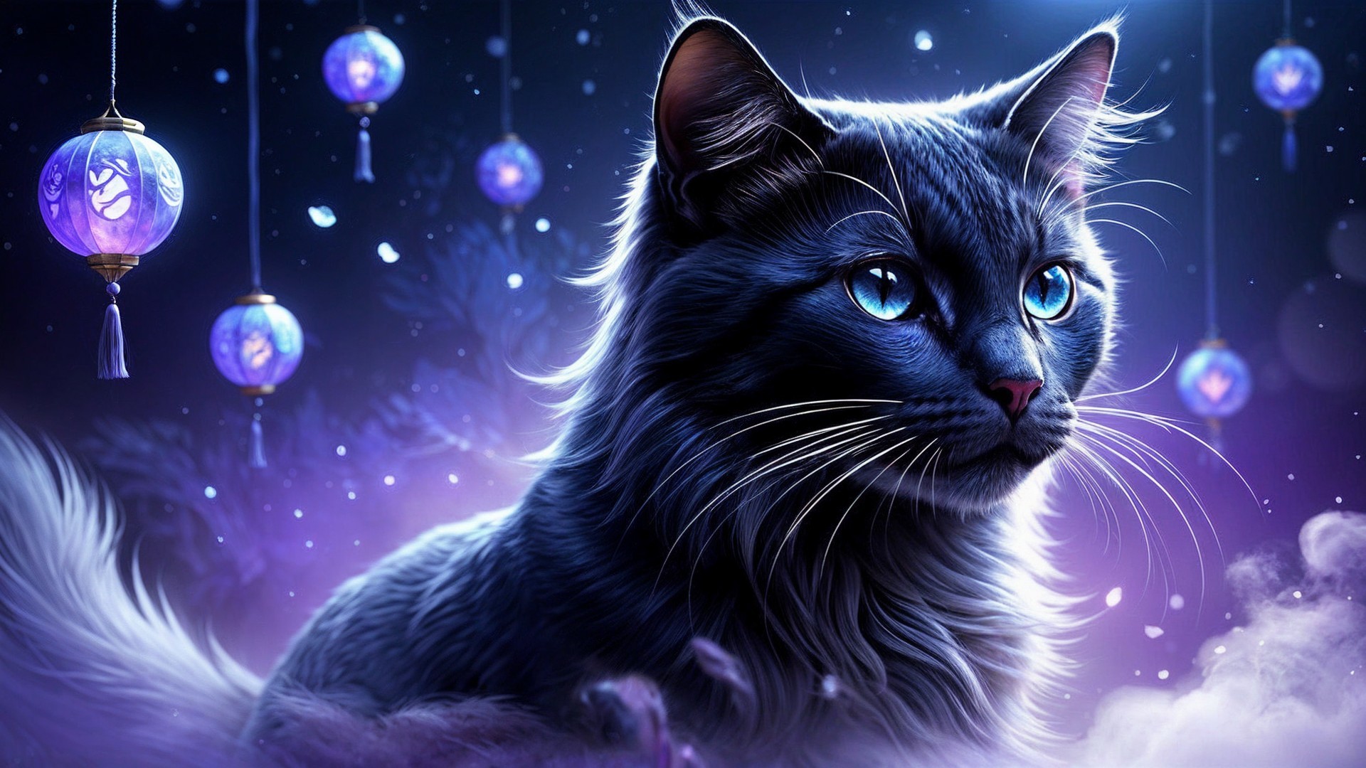 Majestic black cat with blue eyes in ethereal setting