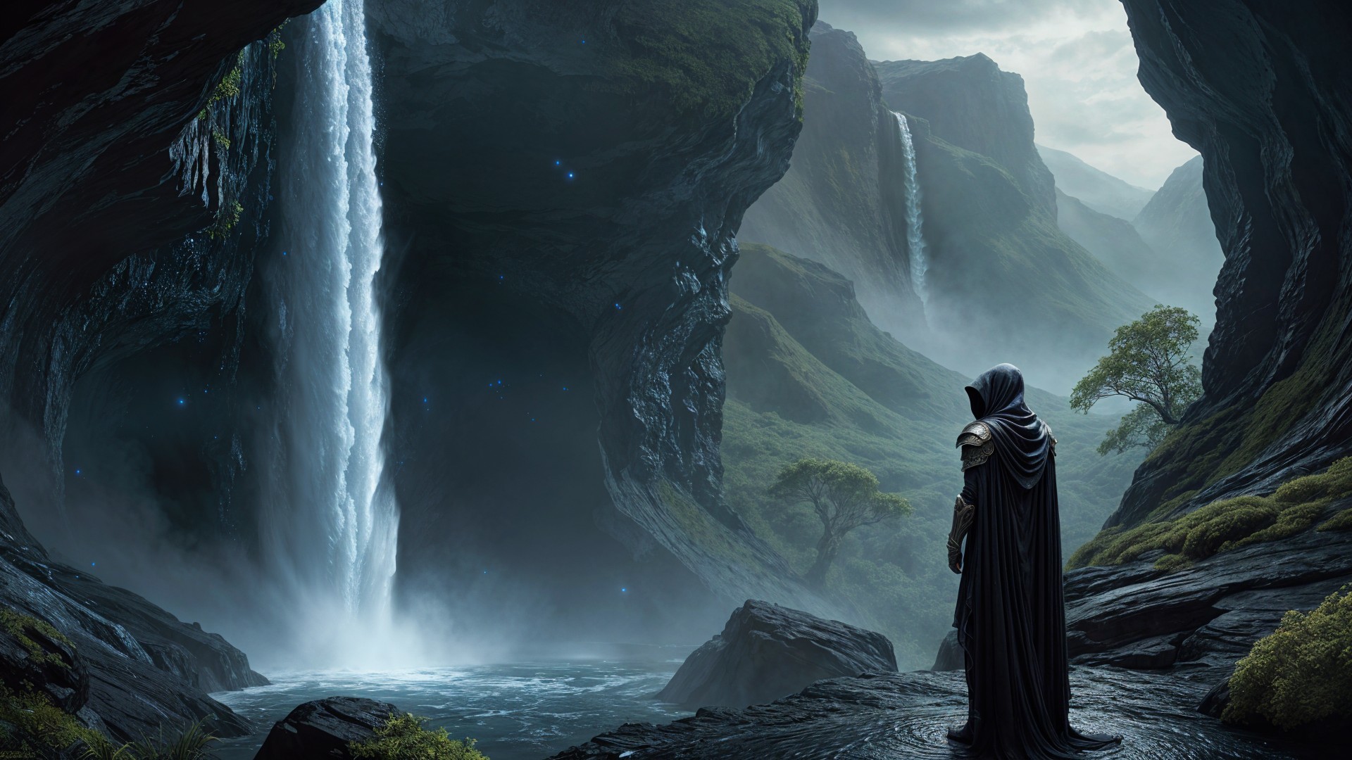 Cloaked Figure in Majestic Landscape with Waterfalls