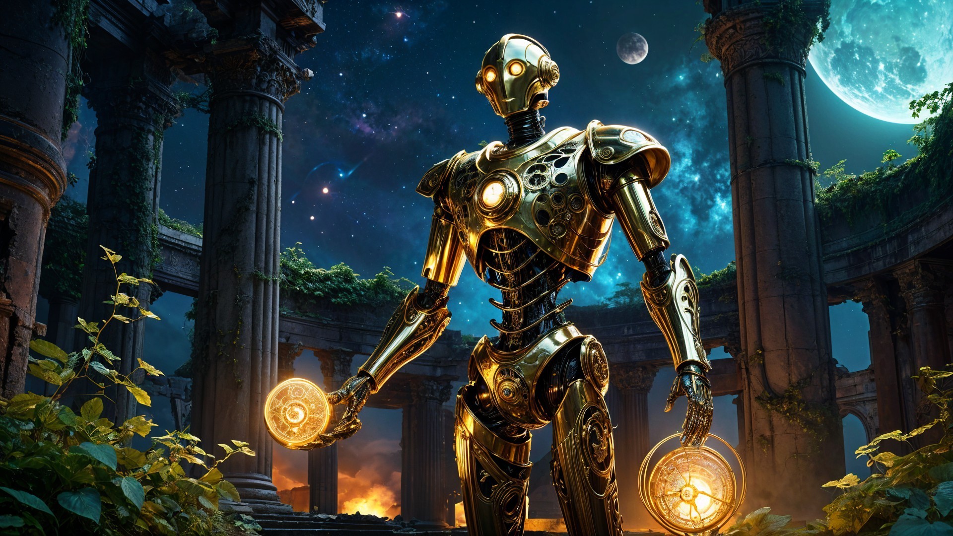 Golden Robot Surrounded by Ancient Columns and Moons