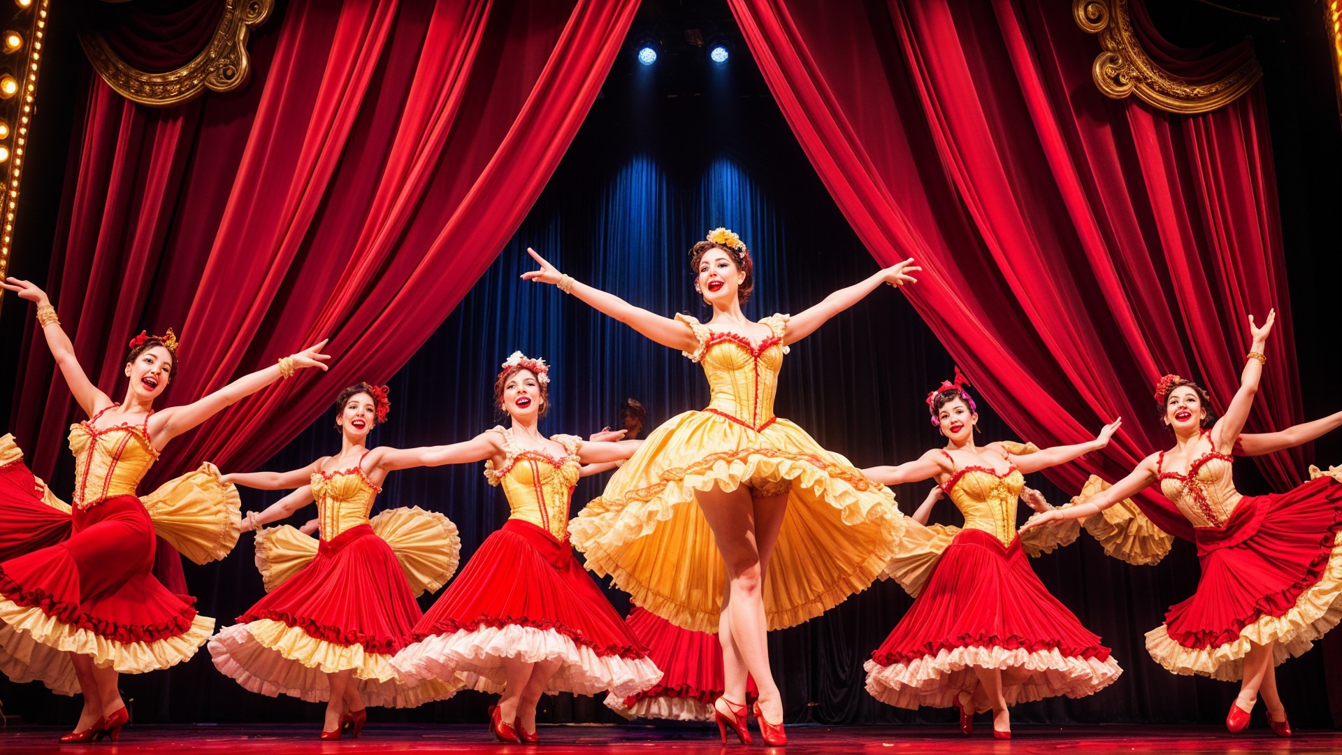 Vibrant Stage Scene with Six Dancers in Colorful Costumes