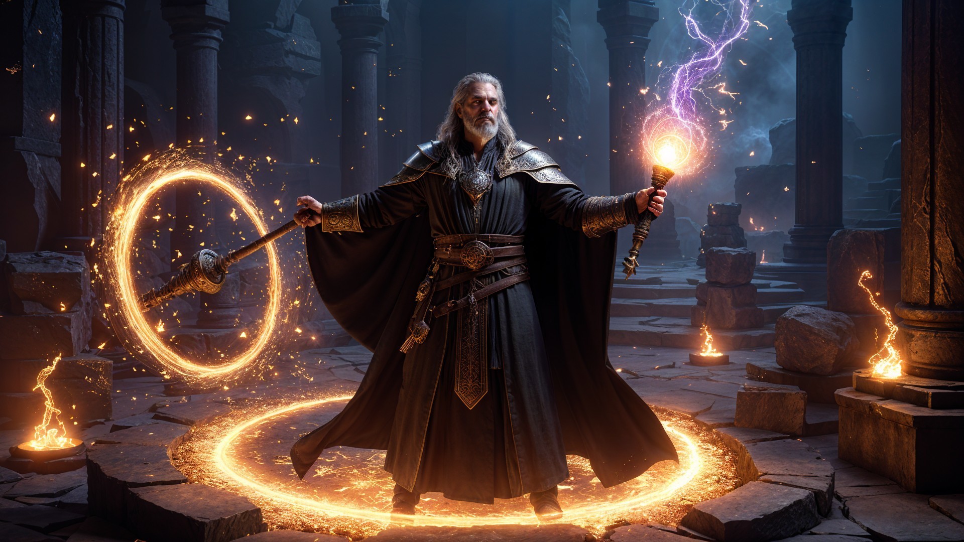 Wizard in Mystical Chamber with Lightning Staff
