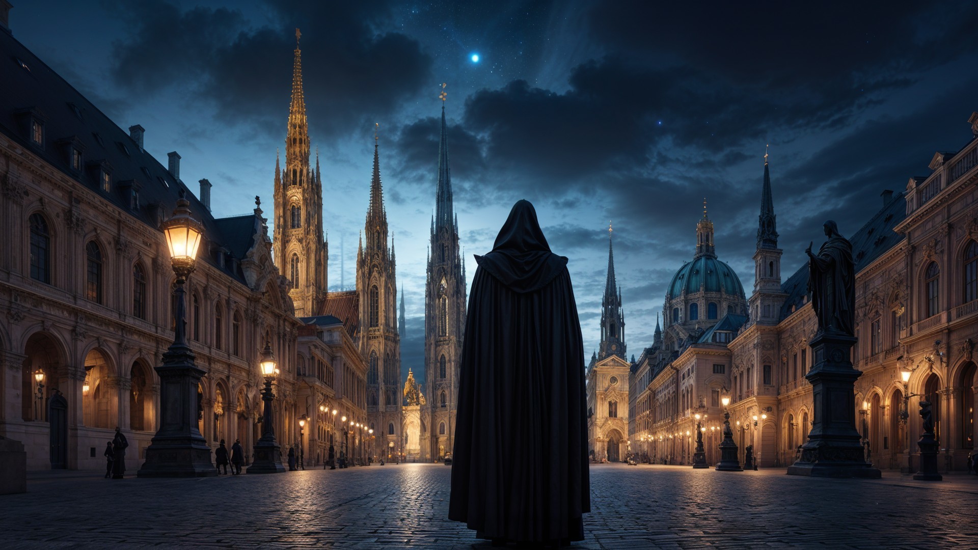 Cloaked Figure in Enchanted Gothic Cityscape at Night