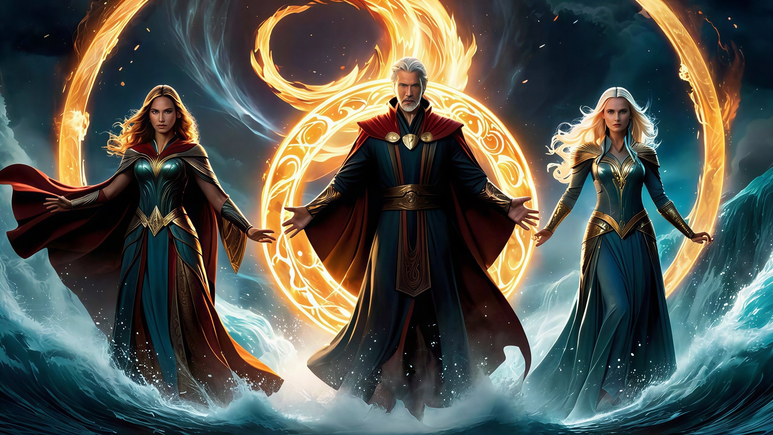 Figures in flowing gowns create magic rings in water