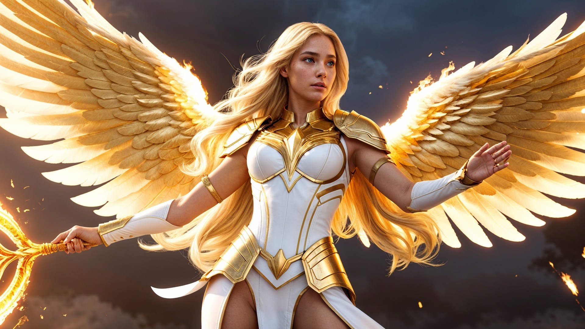 Majestic figure in white and gold armor against stormy sky