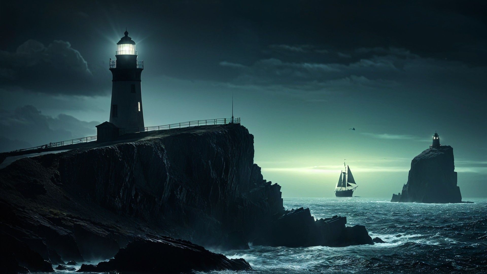 Dramatic Coastal Scene with Lighthouses and Waves