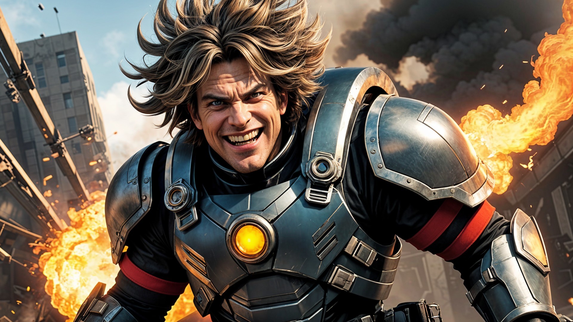 Muscular Superhero in Futuristic Armor Amid Explosions