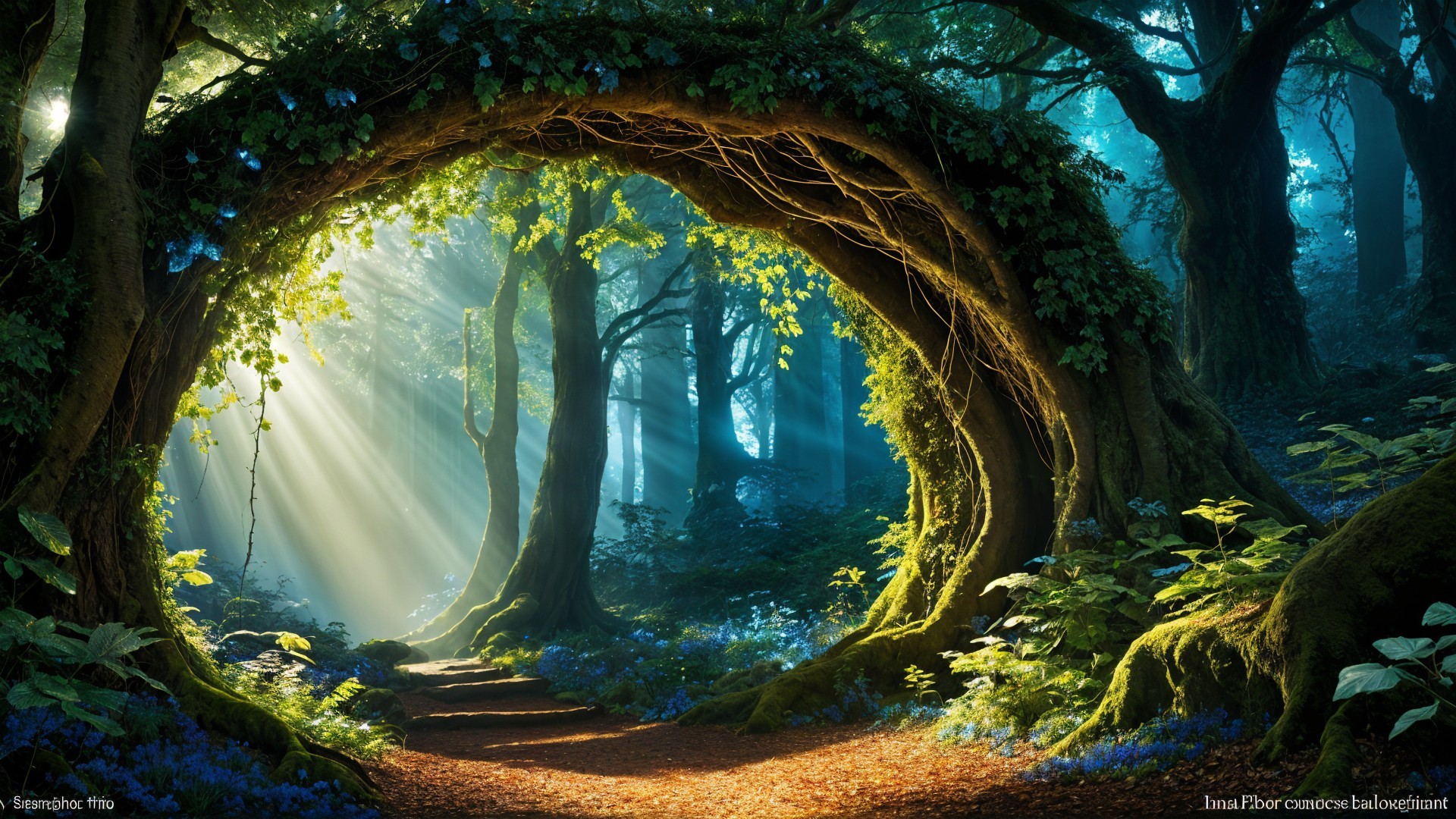 Mystical Forest Scene with Lush Green Vines and Flowers