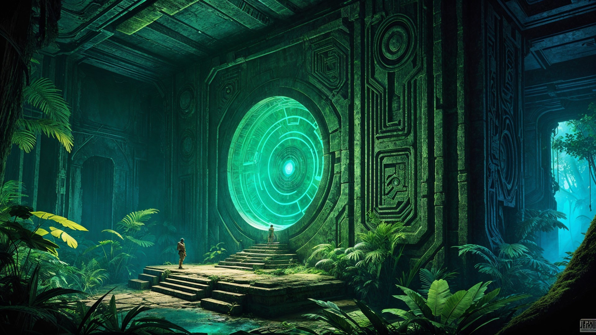 Ancient Temple with Glowing Portal in Lush Greenery