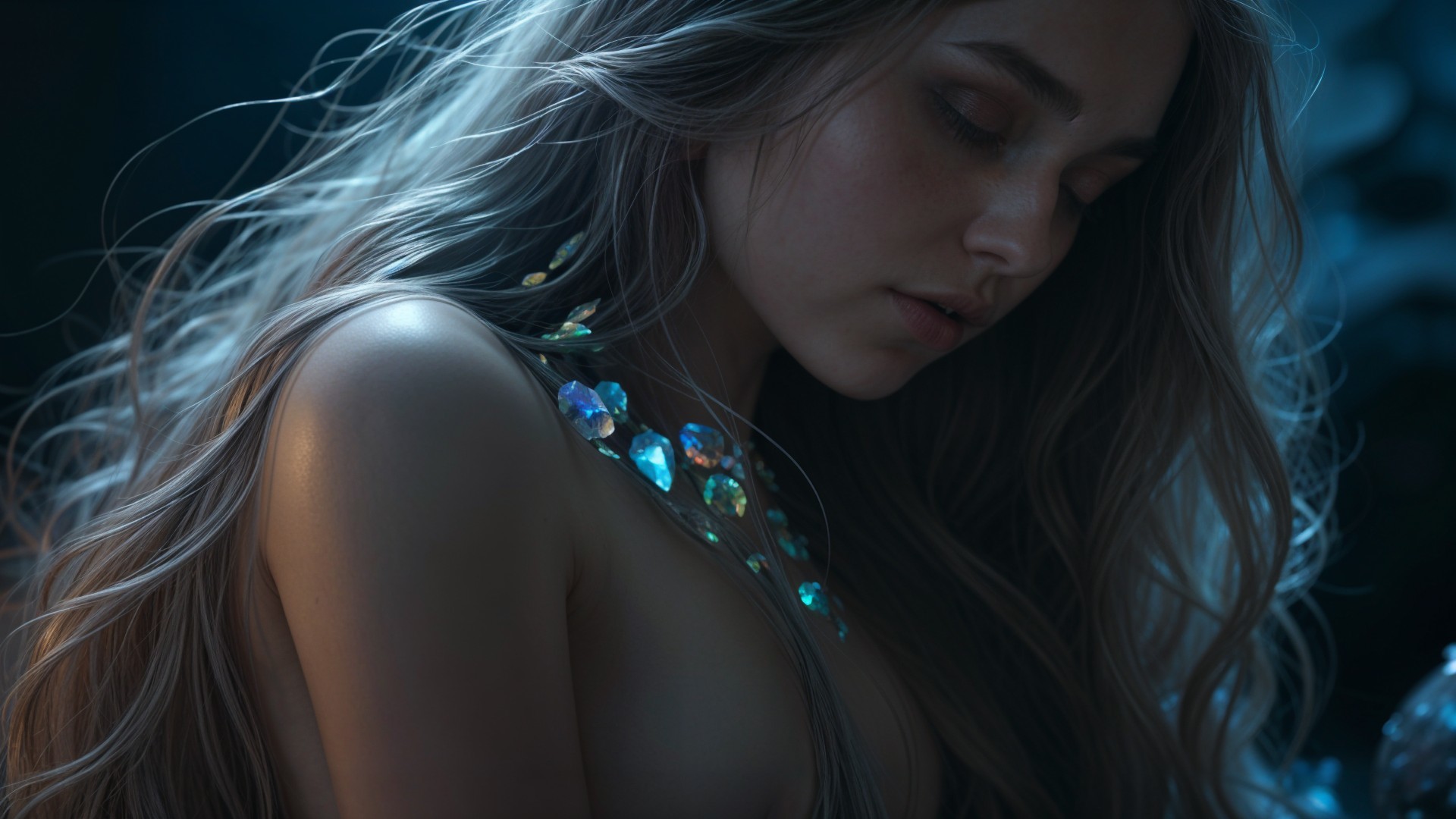 Close-up portrait of a woman with wavy hair and crystals