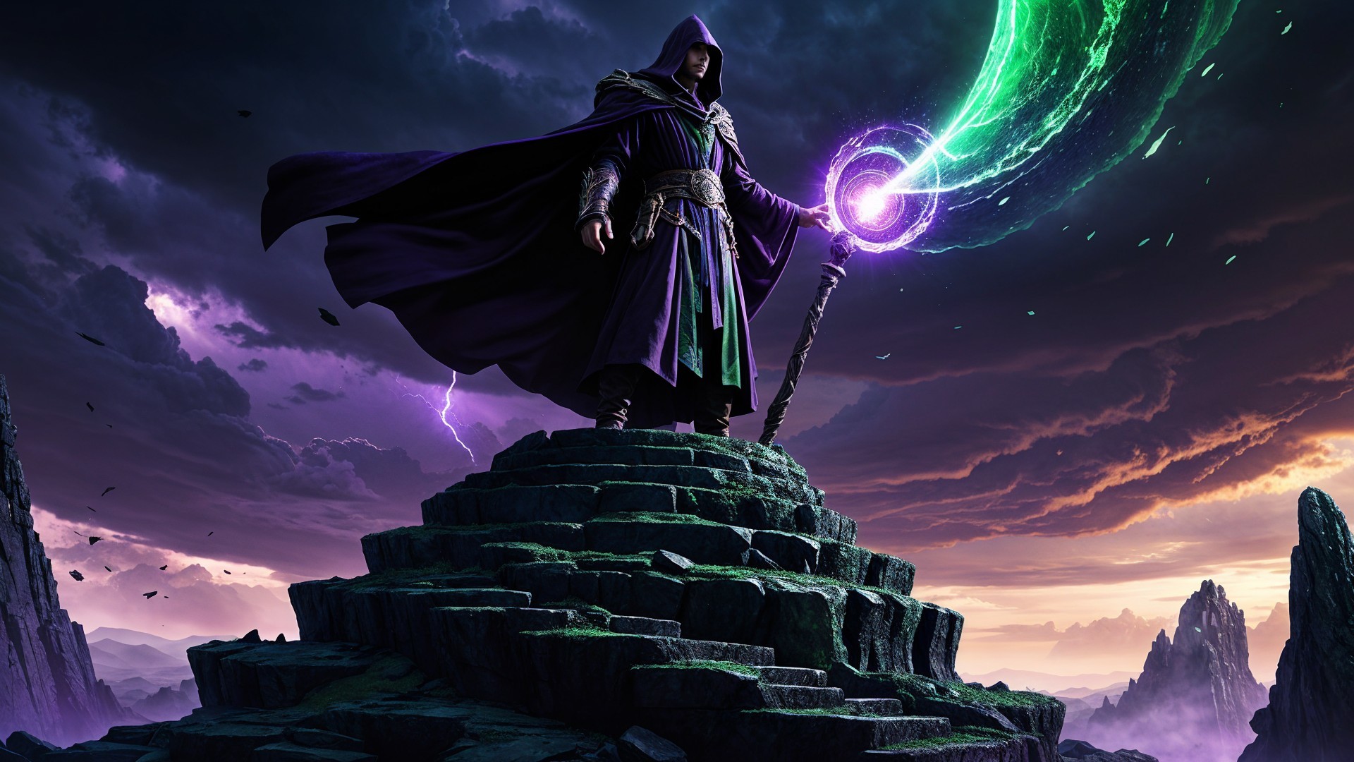 Sorcerer in Purple Robes with Glowing Staff and Stormy Sky