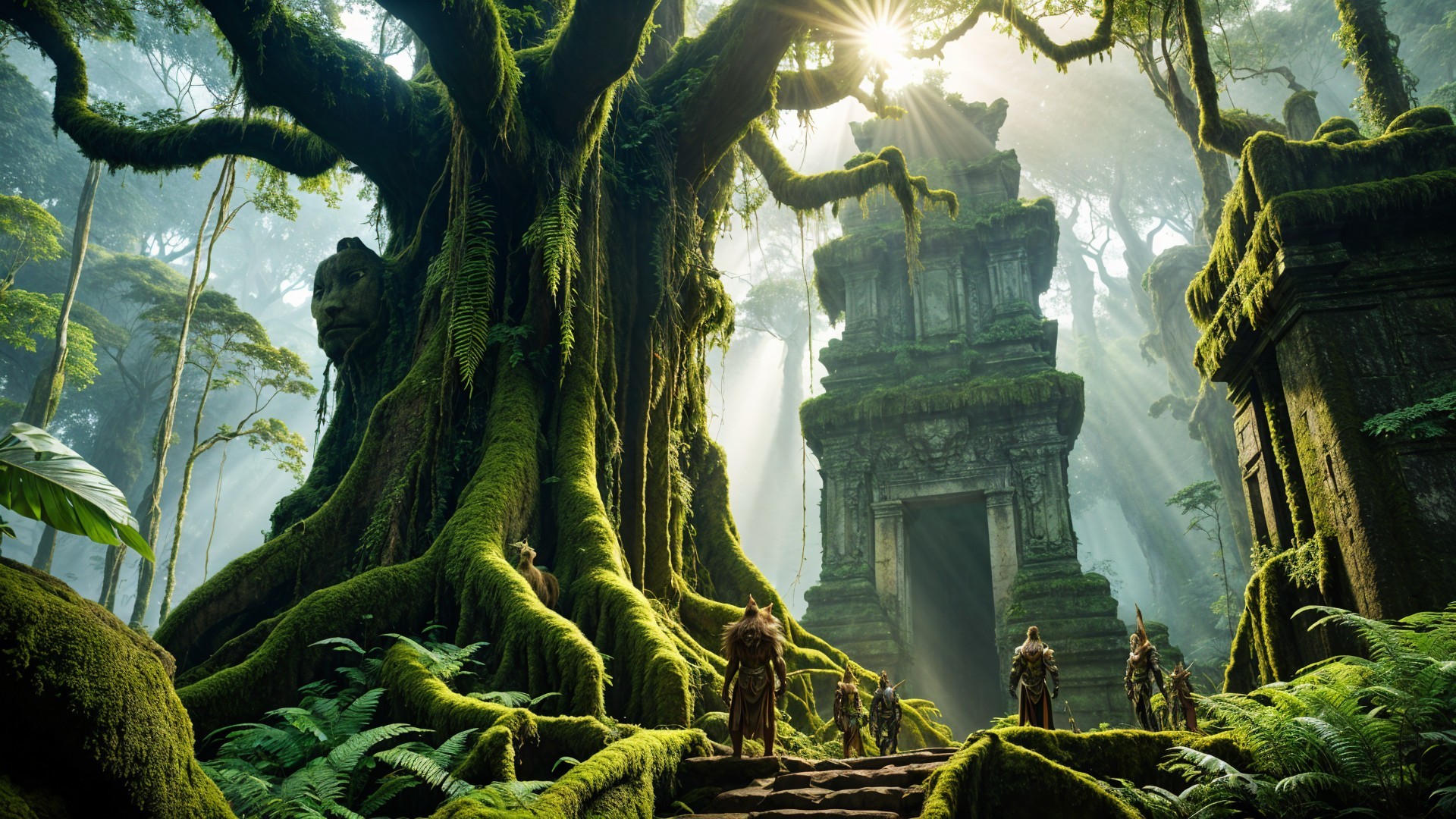 Ancient Temple Surrounded by Jungle and Sunlight
